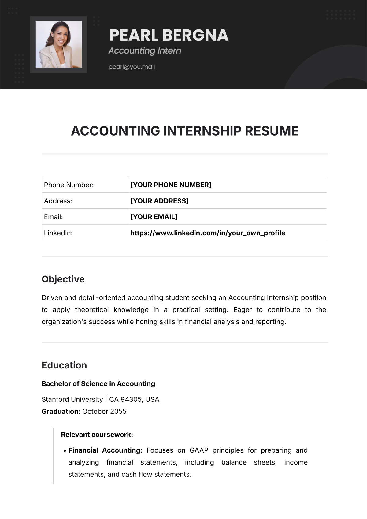 Free Accounting Internship Resume Template to Edit Online Free Accounting Internship Resume Template to Edit Online