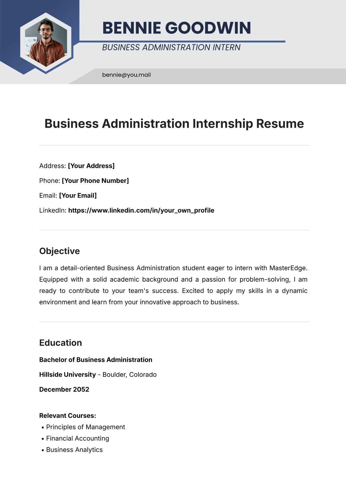 Free Business Administration Internship Resume Template to Edit Online Free Business Administration Internship Resume Template to Edit Online