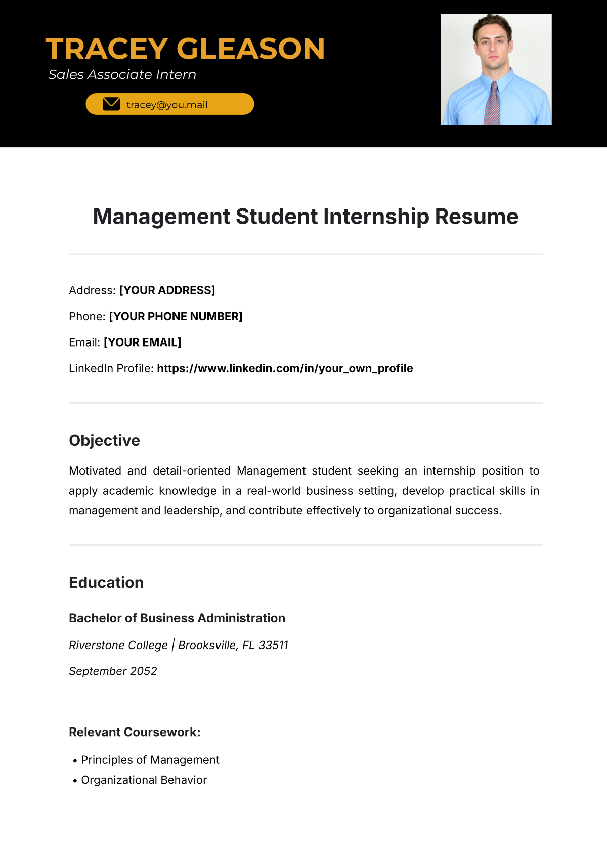 Free Management Student Internship Resume Template to Edit Online Free Management Student Internship Resume Template to Edit Online