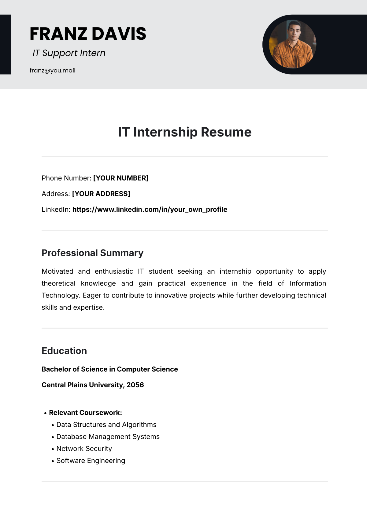 Free IT Internship Resume Template to Edit Online Free IT Internship Resume Template to Edit Online