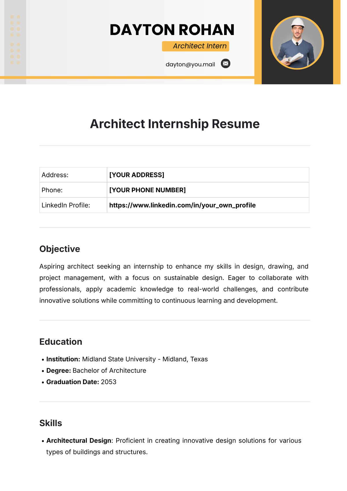 Free Architect Internship Resume Template to Edit Online Free Architect Internship Resume Template to Edit Online