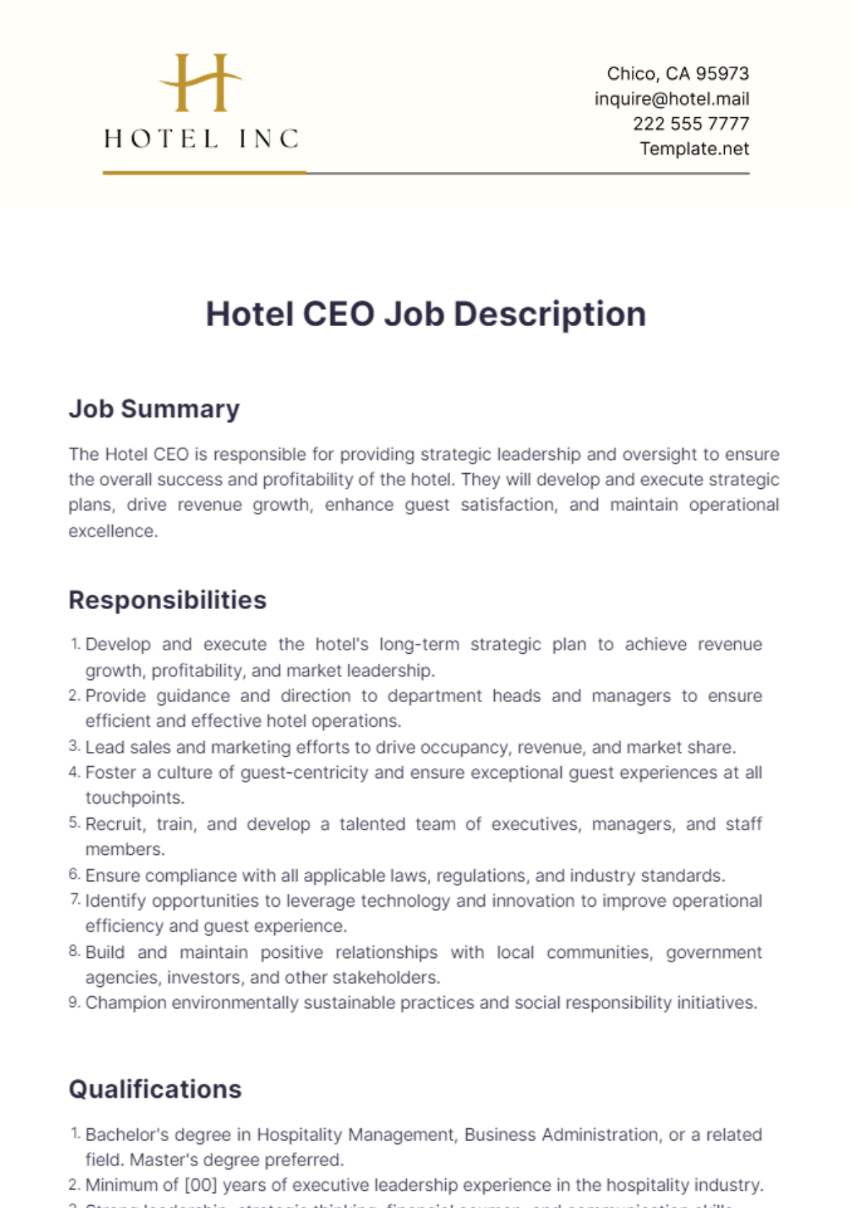 Free Hotel CEO Job Description Template to Edit Online Free Hotel CEO Job Description Template to Edit Online