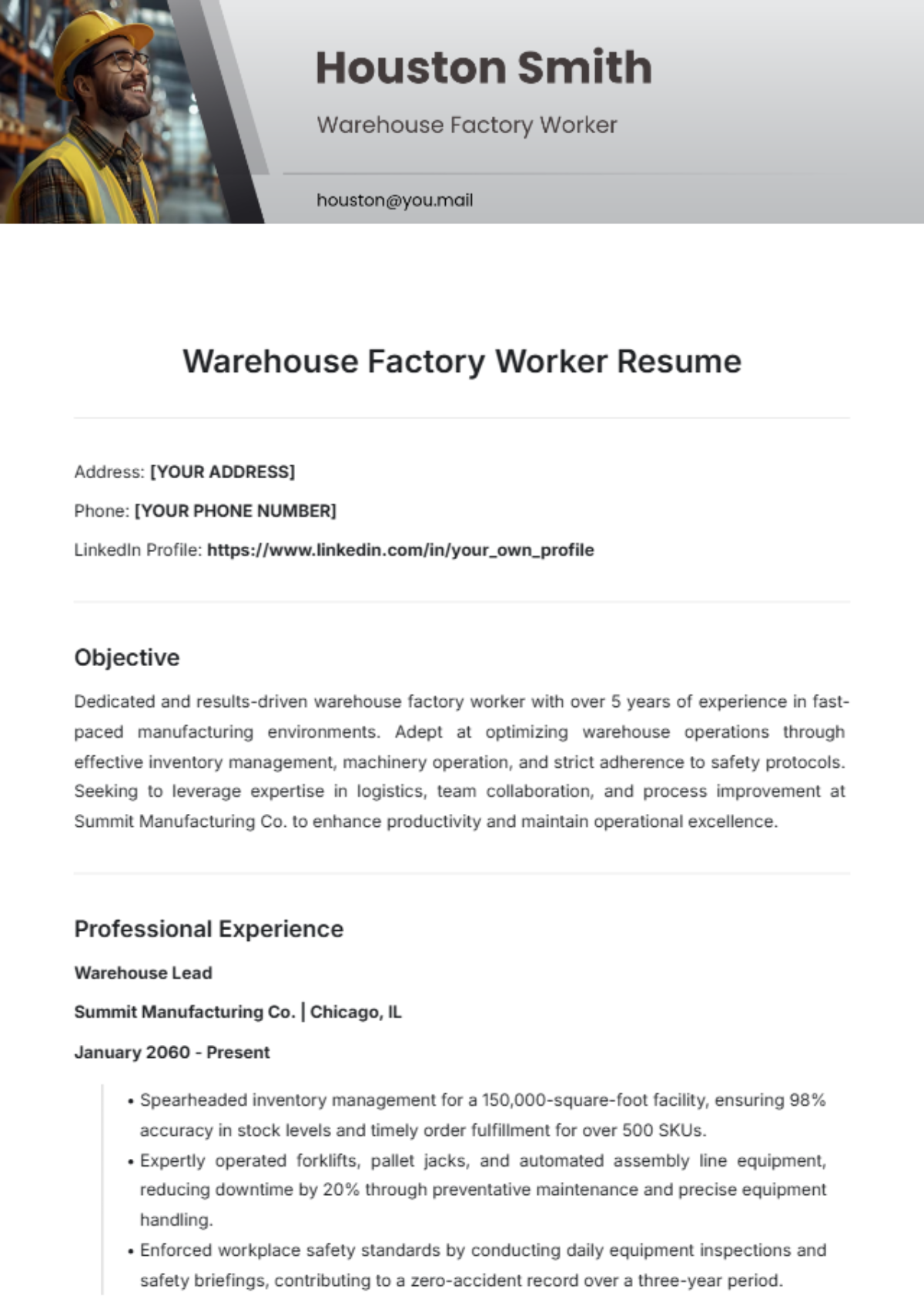 Free Warehouse Factory Worker Resume Template to Edit Online Free Warehouse Factory Worker Resume Template to Edit Online