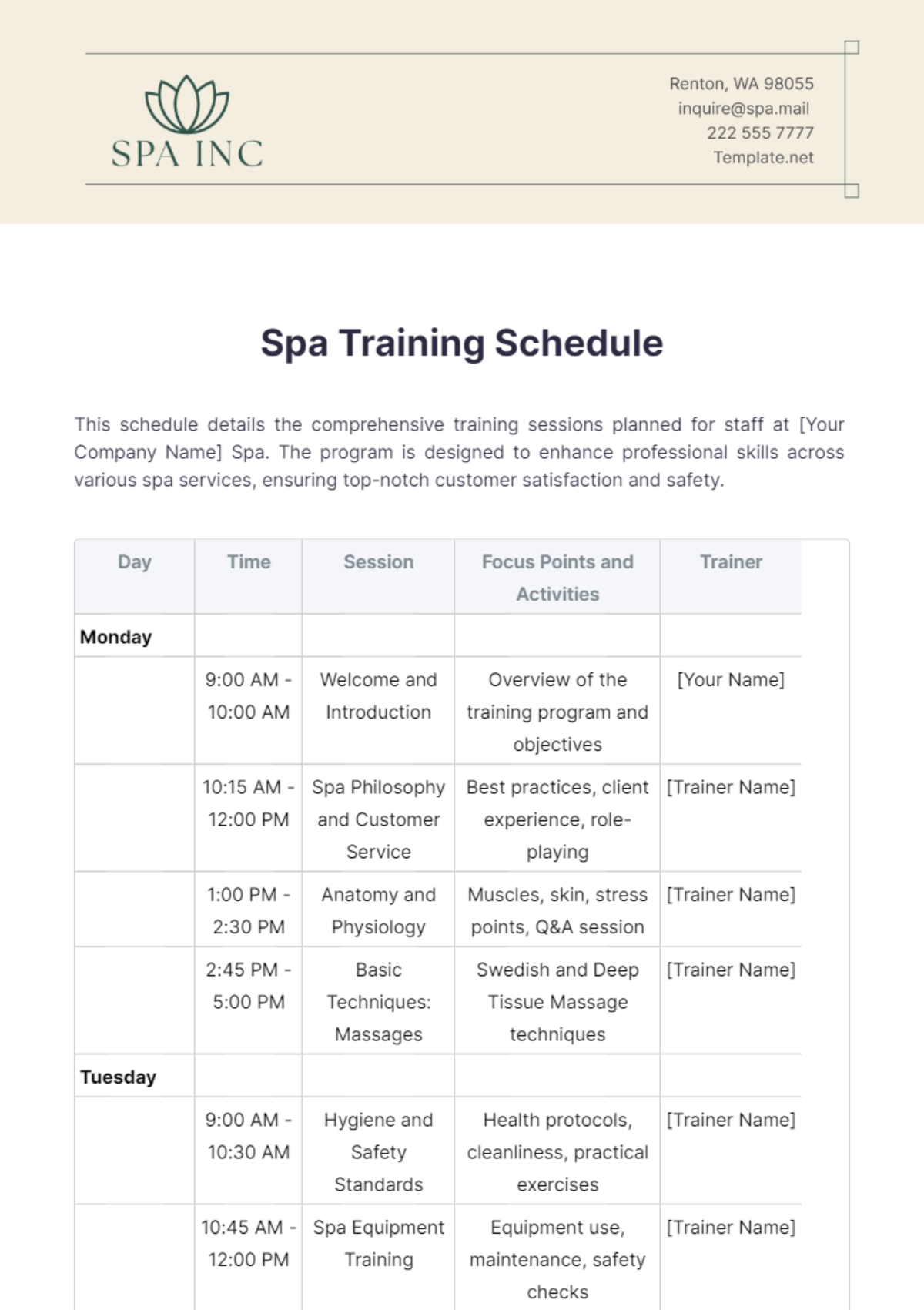 Free Spa Training Schedule Template to Edit Online Free Spa Training Schedule Template to Edit Online