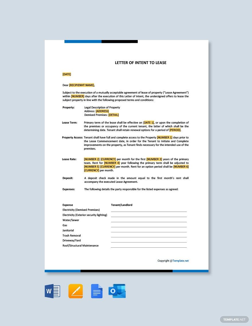 Letter of Intent to Lease in Google Docs, Word, Pages, Outlook, PDF - Download | Template.net Letter of Intent to Lease in Google Docs, Word, Pages, Outlook, PDF - Download | Template.net