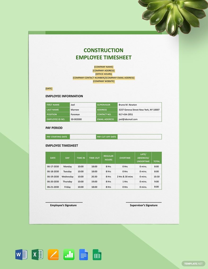 Construction Employee Timesheet Template Construction Employee Timesheet Template