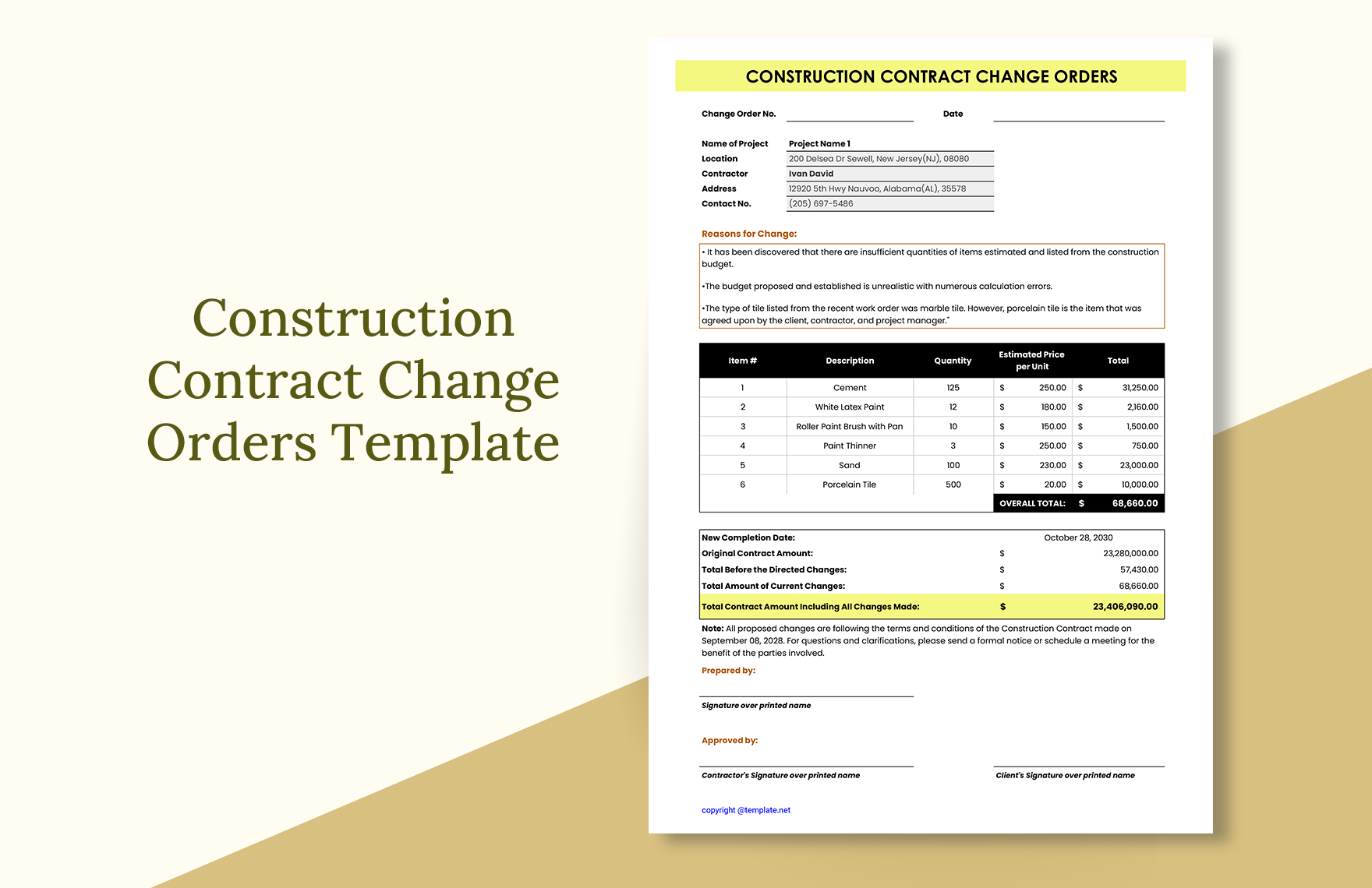 Construction Contract Change Orders Template Construction Contract Change Orders Template