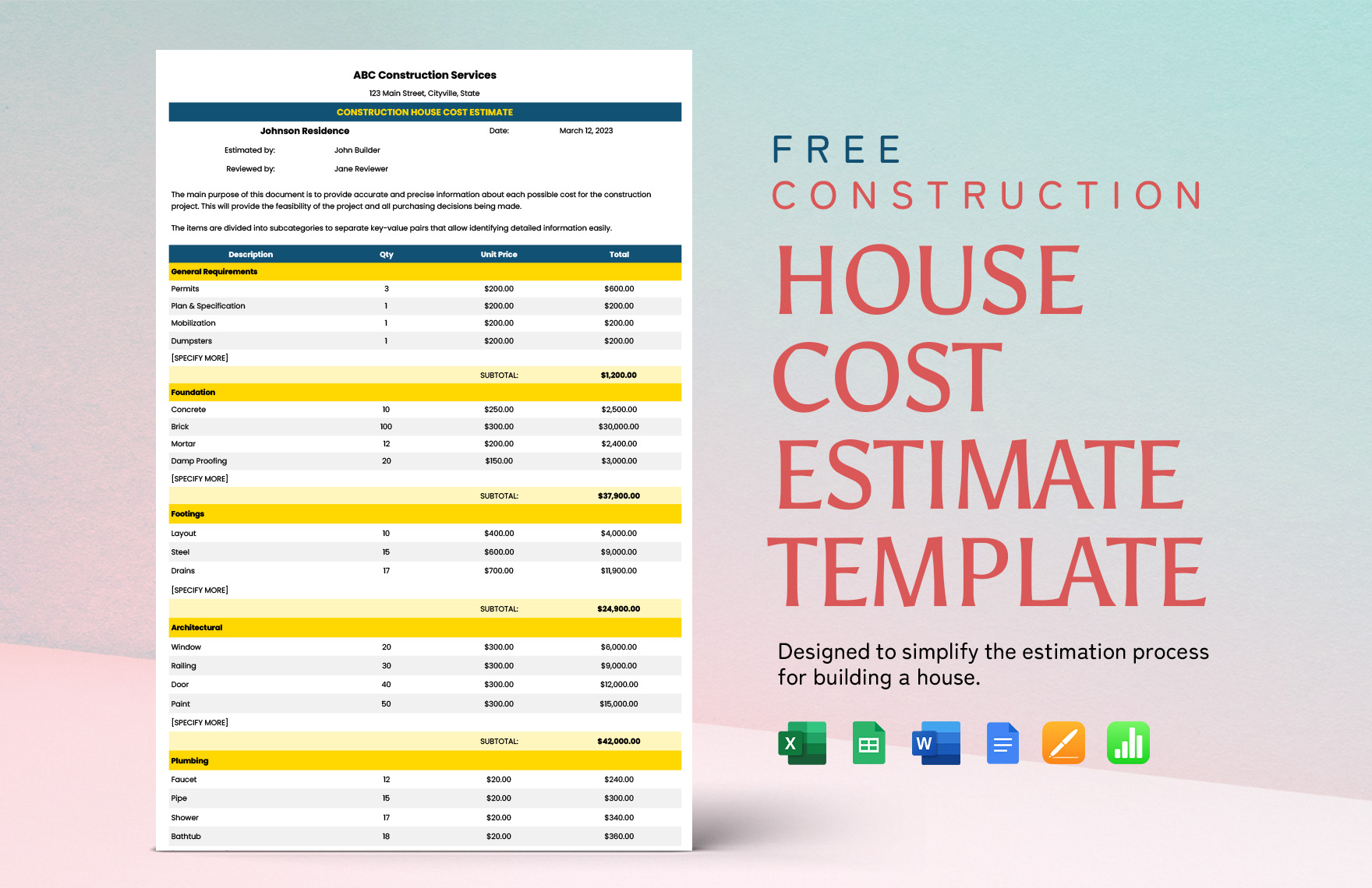 Construction House Cost Estimate Template Construction House Cost Estimate Template