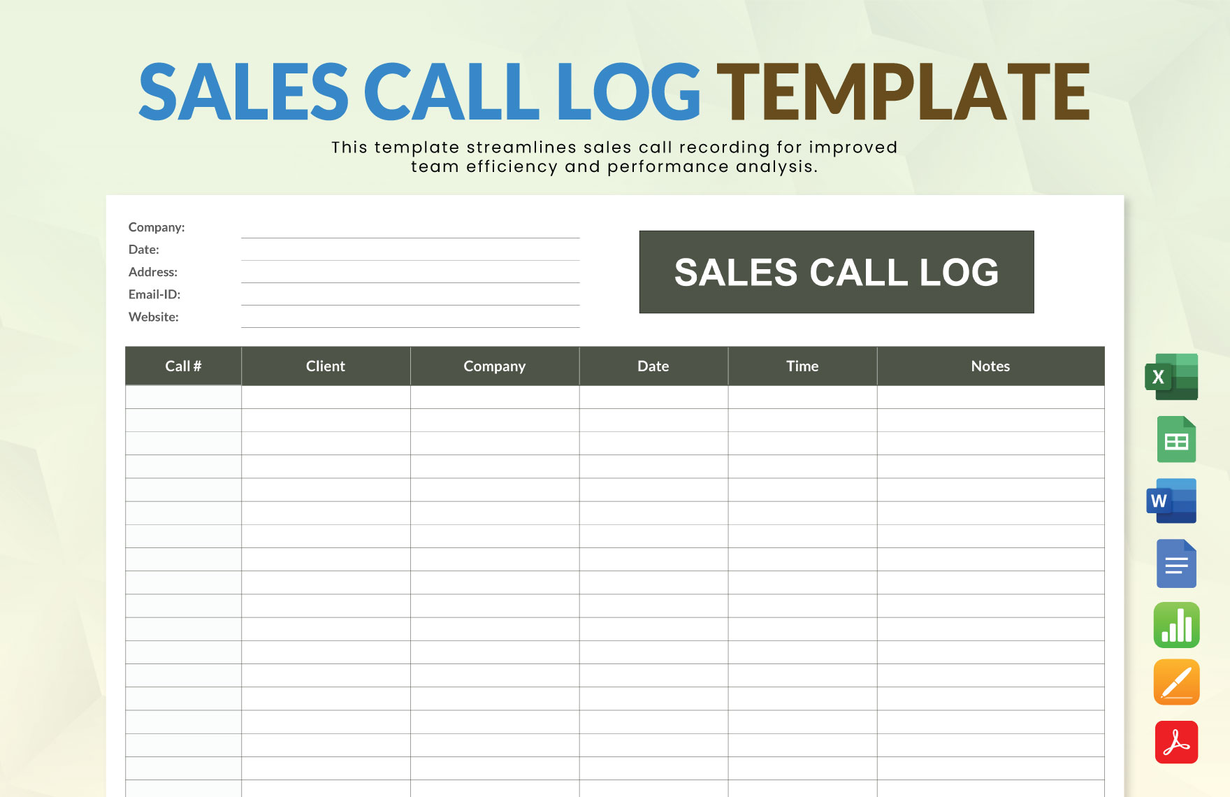 Sales Call Log Template in Apple Numbers, PDF, Word, Apple Pages, Google Docs, Excel, Google Sheets - Download | Template.net Sales Call Log Template in Apple Numbers, PDF, Word, Apple Pages, Google Docs, Excel, Google Sheets - Download | Template.net