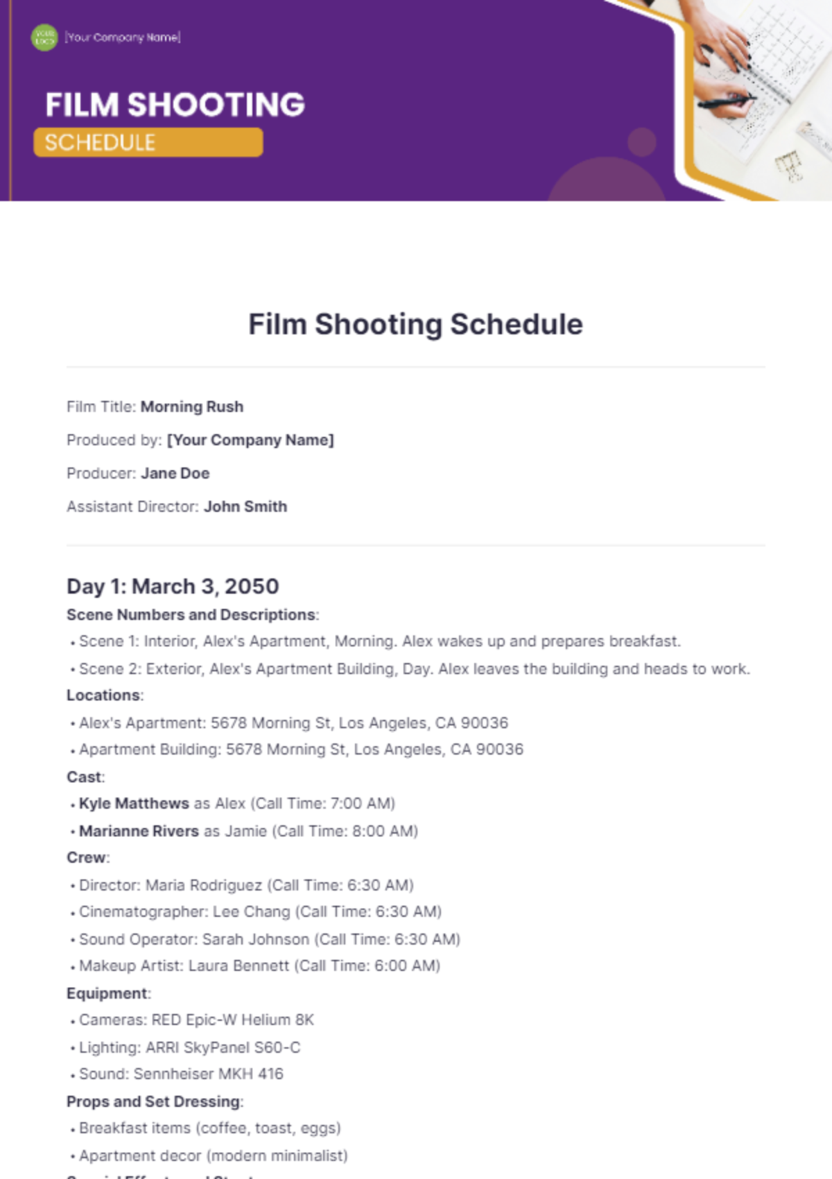 Free Film Shooting Schedule Template to Edit Online Free Film Shooting Schedule Template to Edit Online