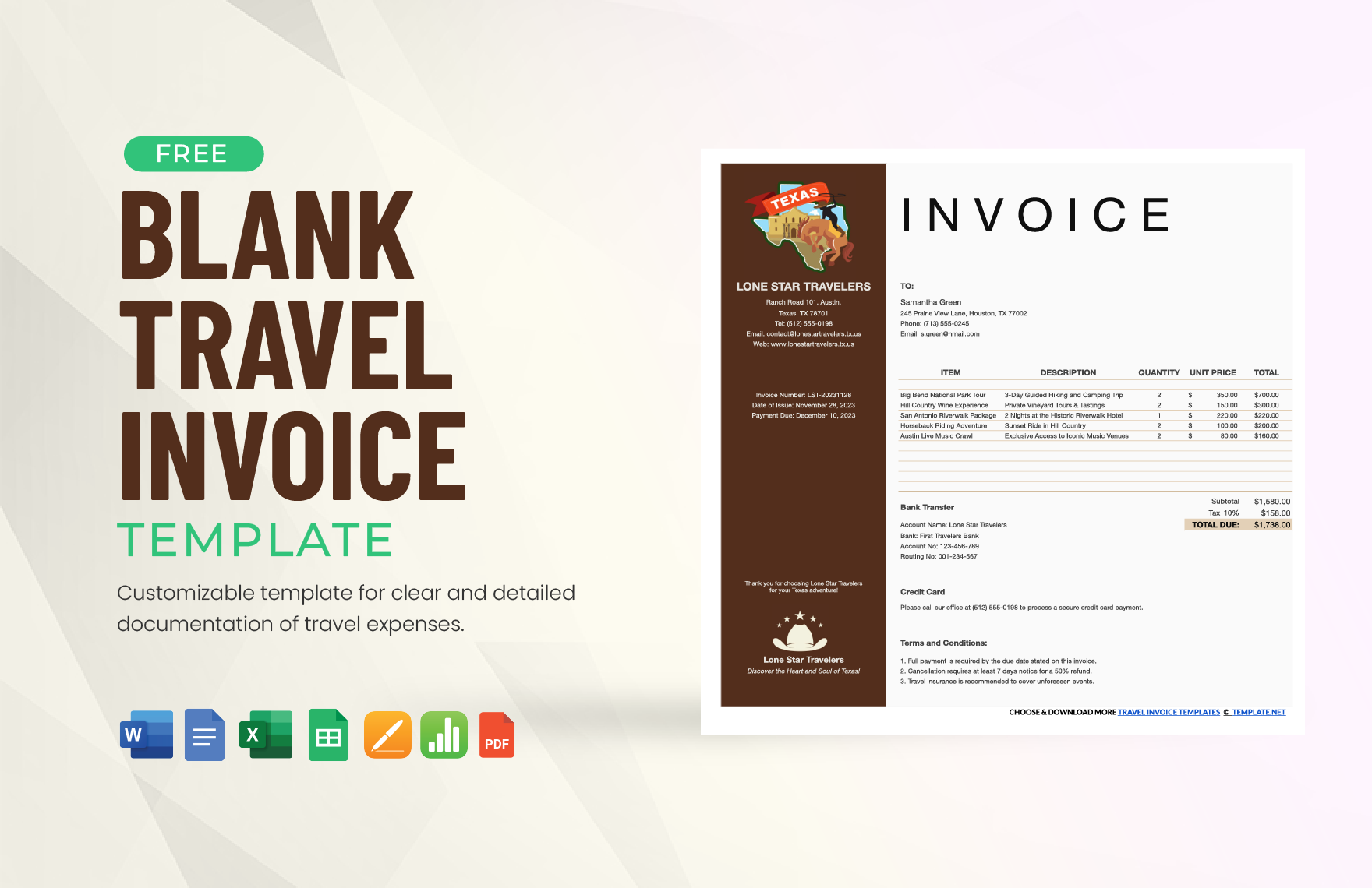 Blank Travel Invoice Template in Google Docs, Pages, PDF, Word, Apple Numbers, Excel, Google Sheets - Download | Template.net Blank Travel Invoice Template in Google Docs, Pages, PDF, Word, Apple Numbers, Excel, Google Sheets - Download | Template.net