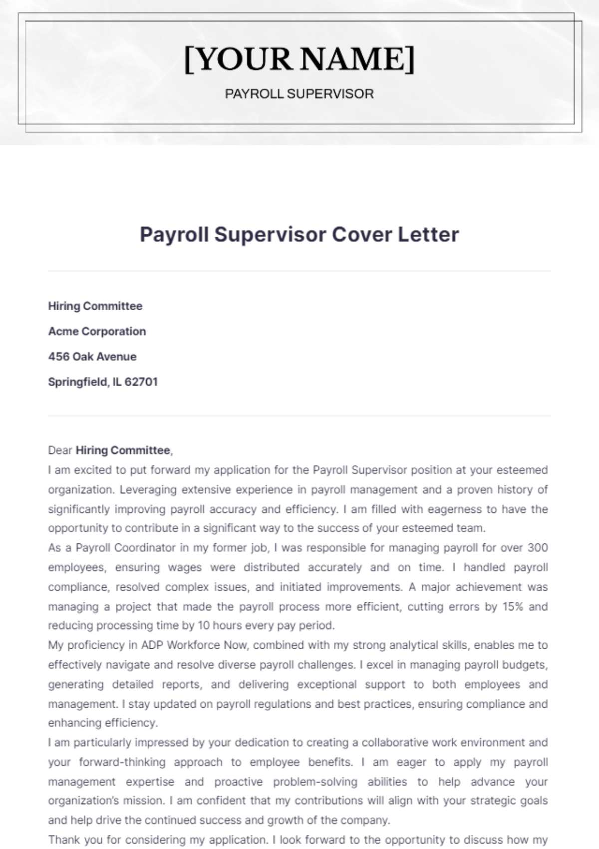 Free Payroll Supervisor Cover Letter to Edit Online Free Payroll Supervisor Cover Letter to Edit Online