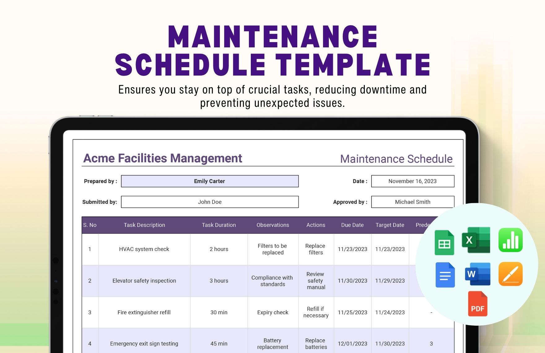 Maintenance Schedule Template in Word, Google Docs, Excel, PDF, Google Sheets, Apple Pages, Apple Numbers Maintenance Schedule Template in Word, Google Docs, Excel, PDF, Google Sheets, Apple Pages, Apple Numbers