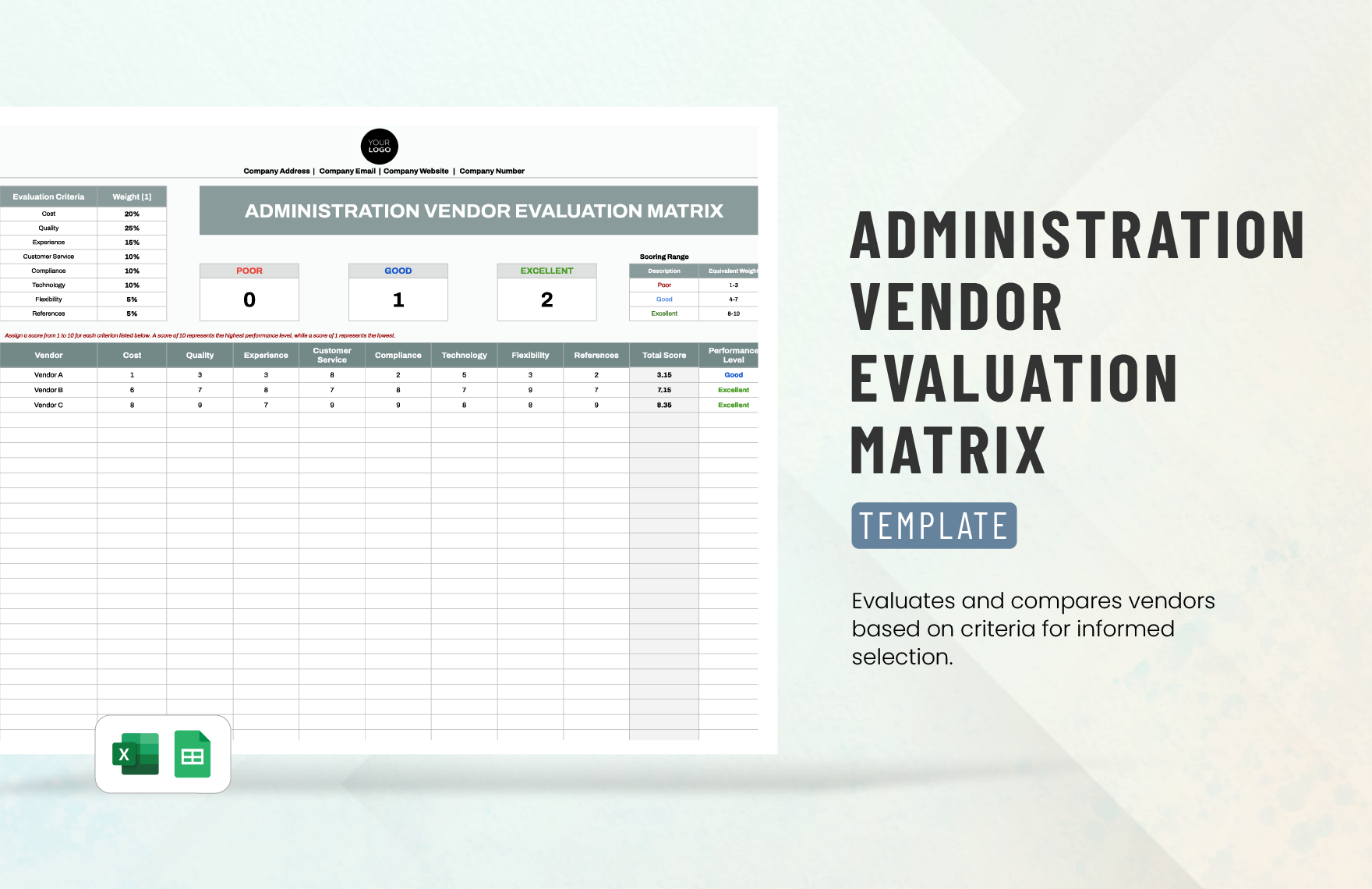 Administration Vendor Evaluation Matrix Template in Excel, Google Sheets - Download | Template.net Administration Vendor Evaluation Matrix Template in Excel, Google Sheets - Download | Template.net