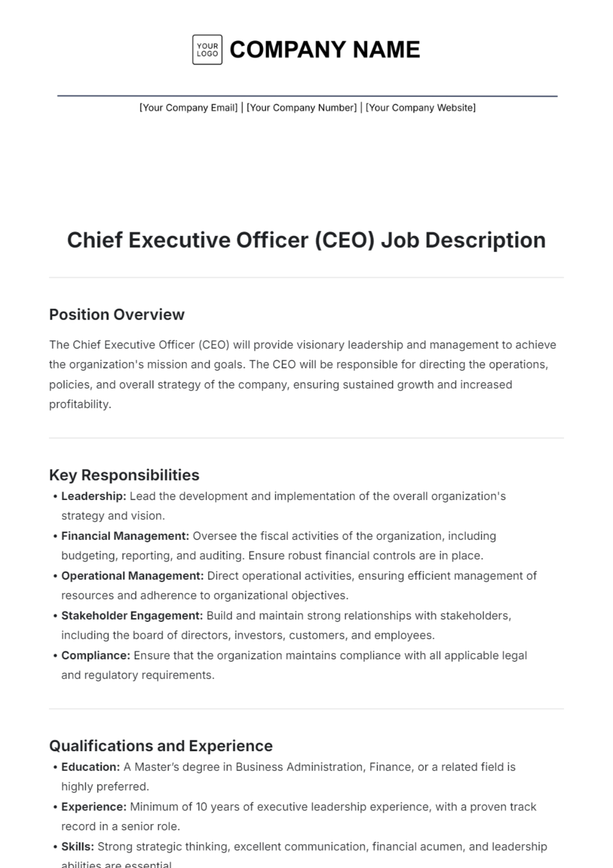 Free Chief Executive Officer CEO Job Description Template to Edit Online Free Chief Executive Officer CEO Job Description Template to Edit Online