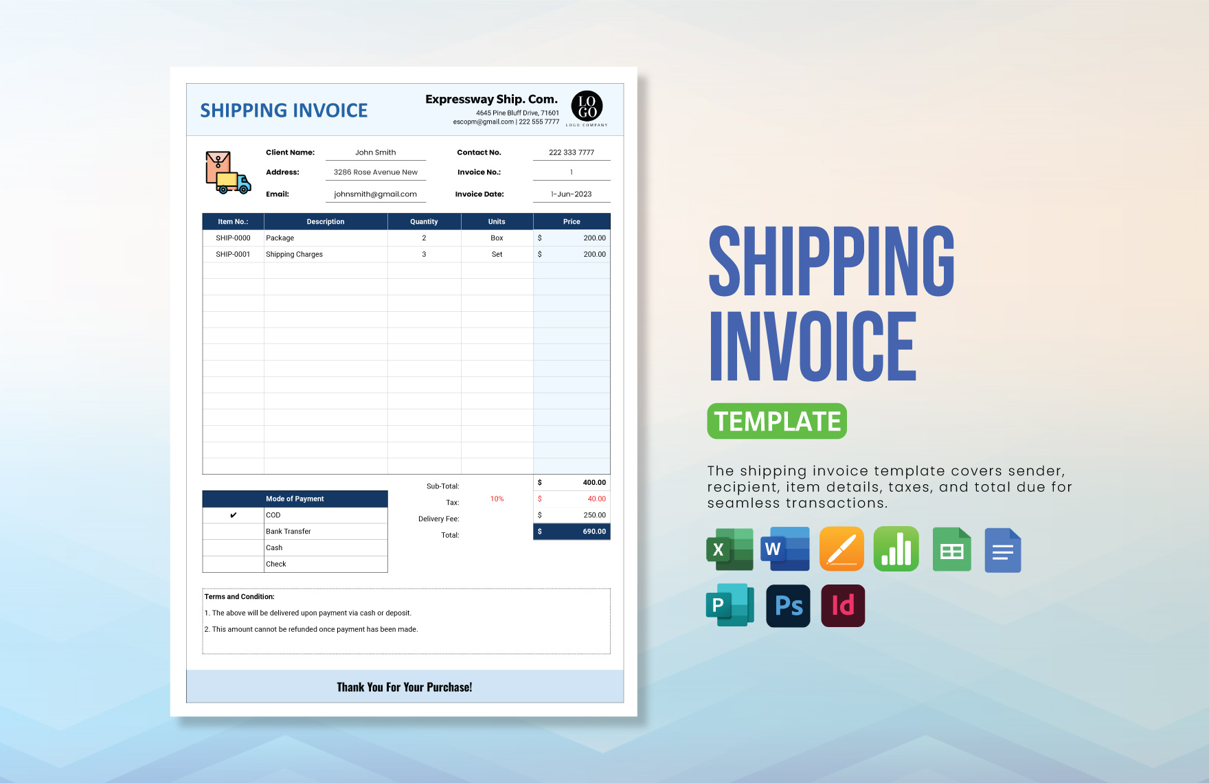 Shipping Invoice Template in Google Docs, Illustrator, Apple Pages, Publisher, InDesign, Word, Apple Numbers, PSD, PDF, Excel, Google Sheets - Download | Template.net Shipping Invoice Template in Google Docs, Illustrator, Apple Pages, Publisher, InDesign, Word, Apple Numbers, PSD, PDF, Excel, Google Sheets - Download | Template.net