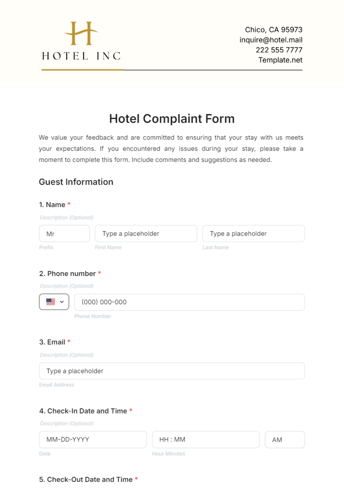 Hotel Complaint Form Template