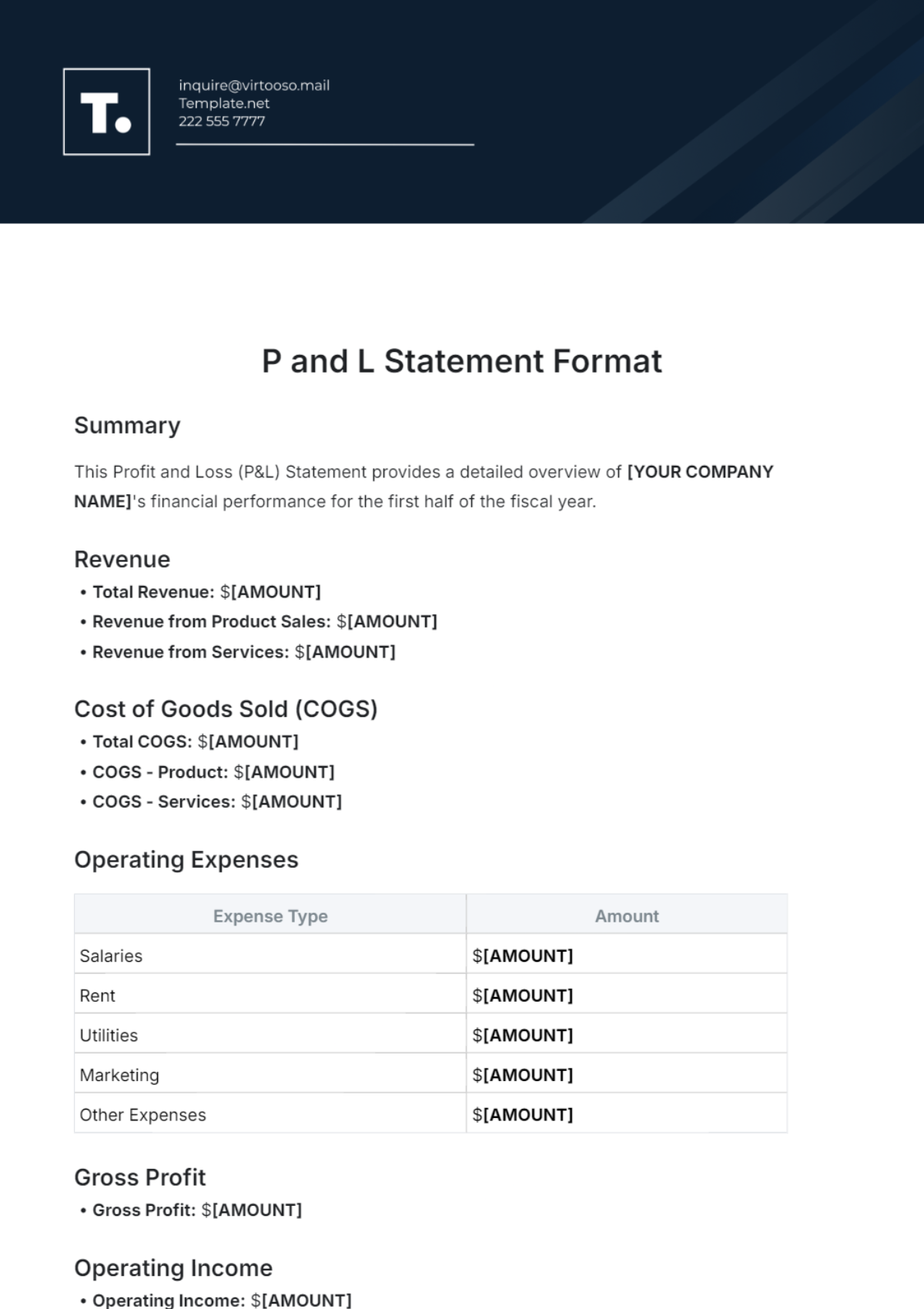 Free P and L Statement Format Template to Edit Online Free P and L Statement Format Template to Edit Online