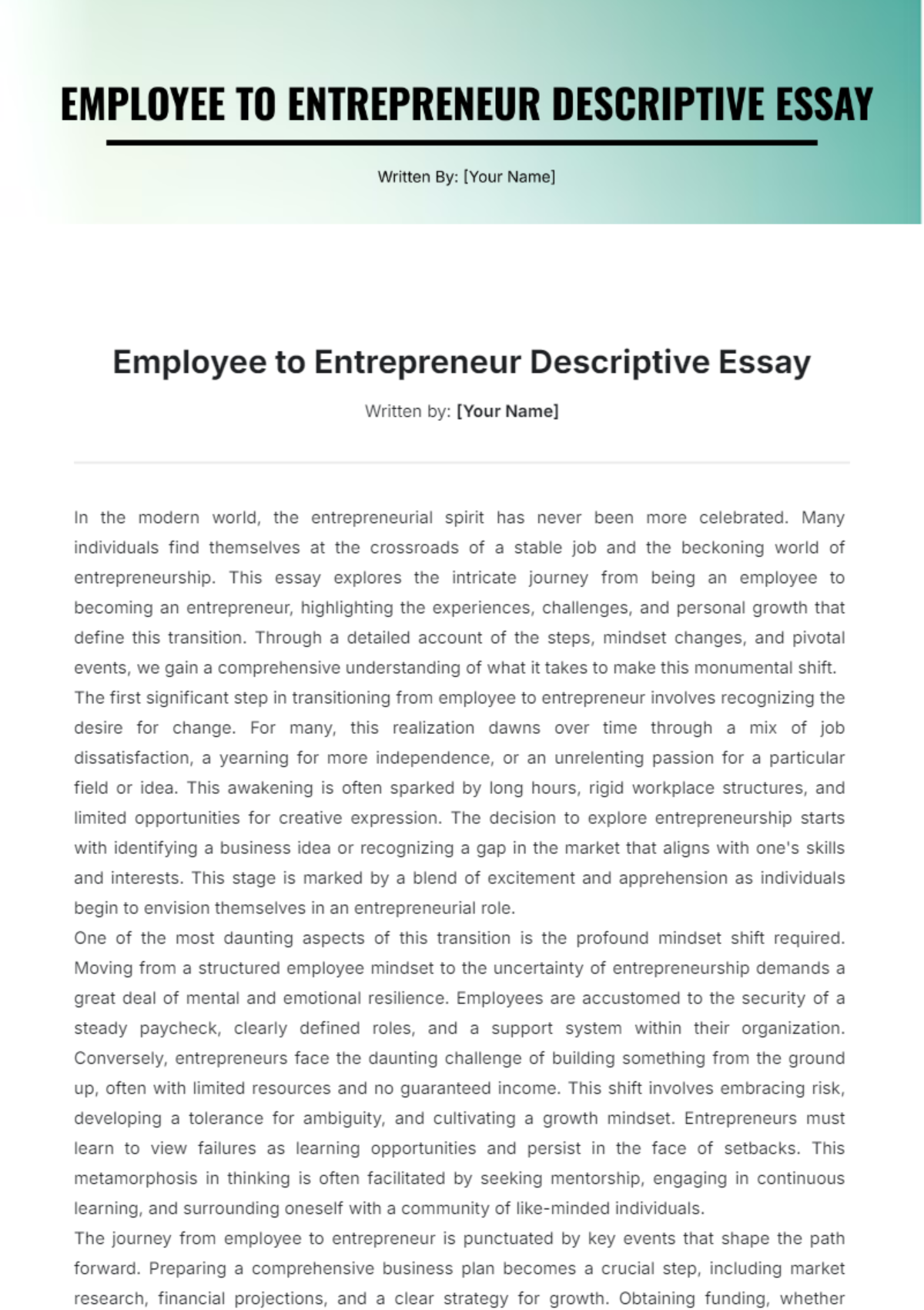 Free Employee to Entrepreneur Descriptive Essay Template to Edit Online Free Employee to Entrepreneur Descriptive Essay Template to Edit Online