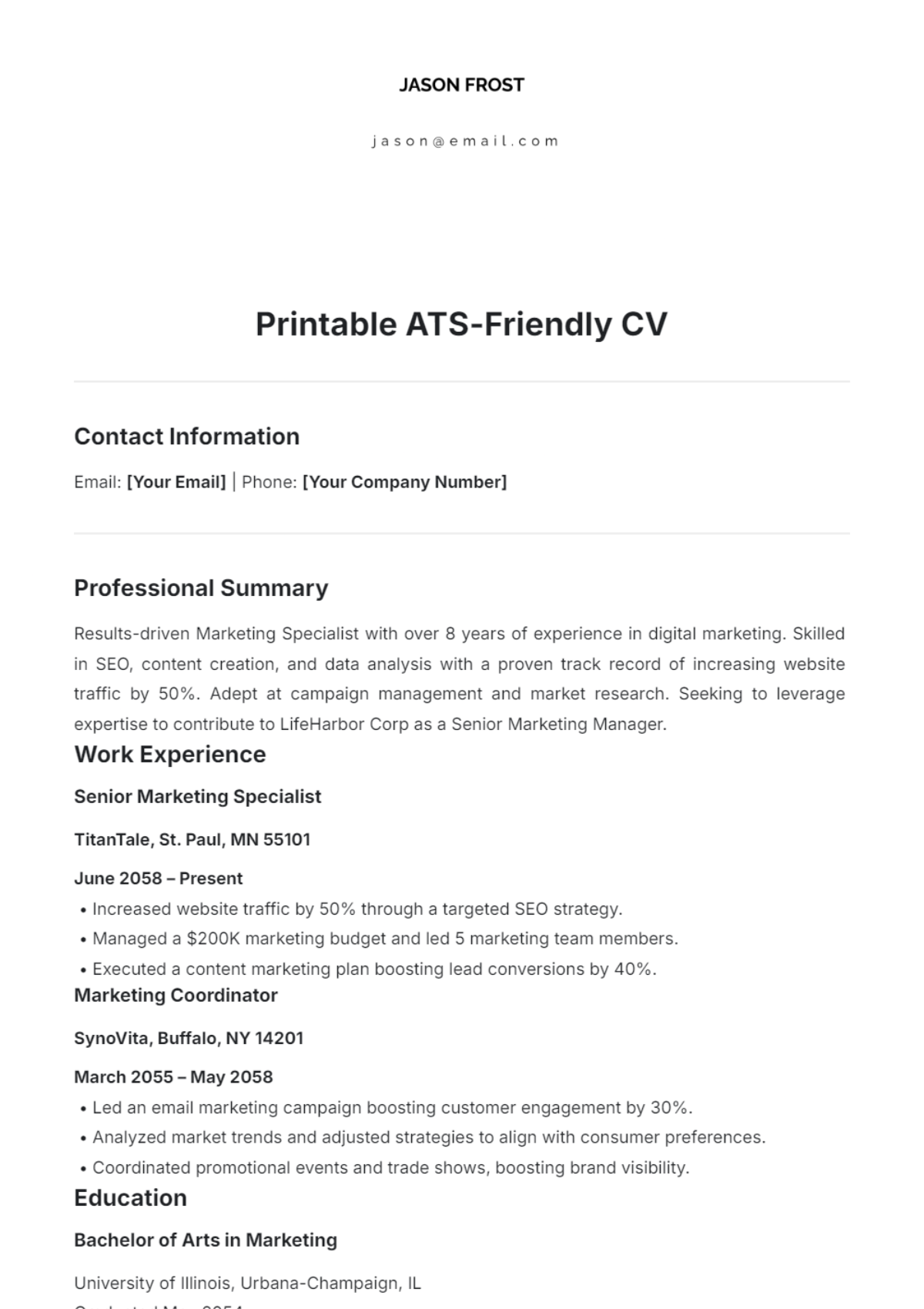 Free Printable ATS-Friendly CV Template to Edit Online Free Printable ATS-Friendly CV Template to Edit Online