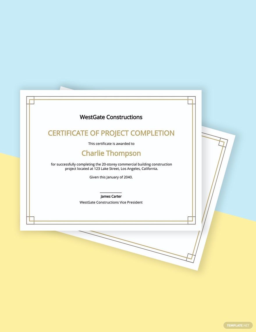 Construction Project Completion Certificate Template in PSD, Illustrator, PDF, Word, Publisher, Pages, Google Docs - Download | Template.net Construction Project Completion Certificate Template in PSD, Illustrator, PDF, Word, Publisher, Pages, Google Docs - Download | Template.net