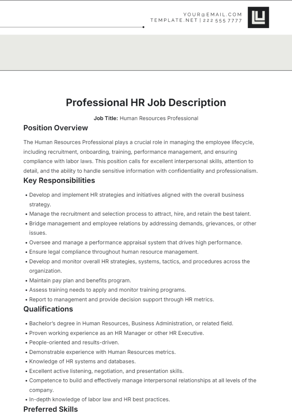 Free Professional HR Job Description Template to Edit Online Free Professional HR Job Description Template to Edit Online