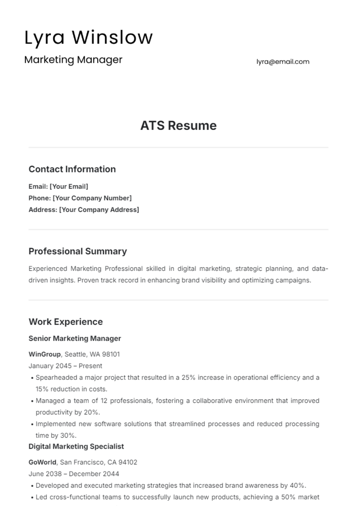 Free ATS Resume Template to Edit Online Free ATS Resume Template to Edit Online