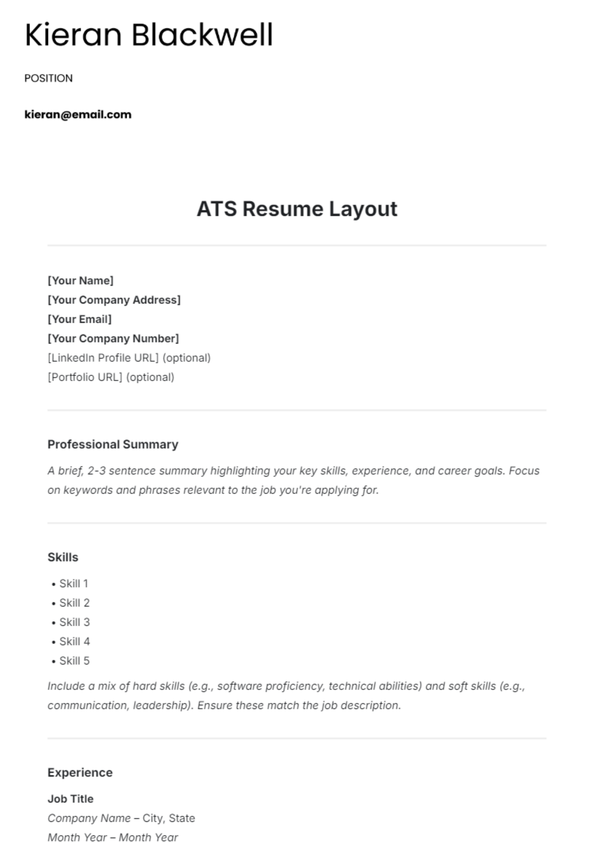 Free ATS Resume Layout Template to Edit Online Free ATS Resume Layout Template to Edit Online