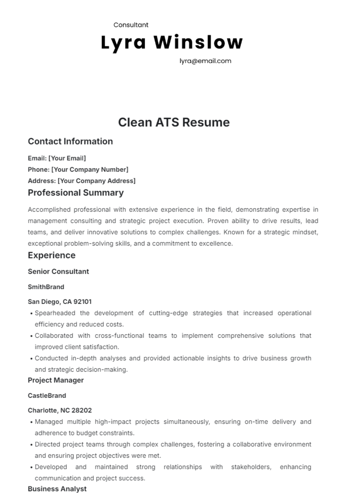 Free Clean ATS Resume Template to Edit Online Free Clean ATS Resume Template to Edit Online