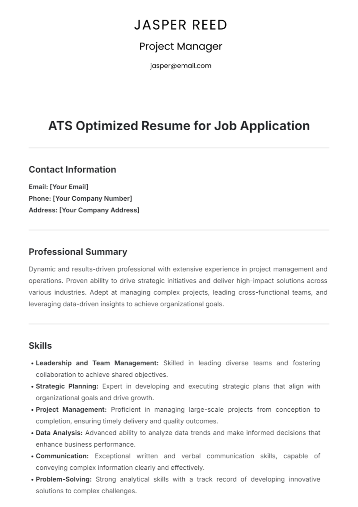 Free ATS Optimized Resume for Job Application Template to Edit Online Free ATS Optimized Resume for Job Application Template to Edit Online