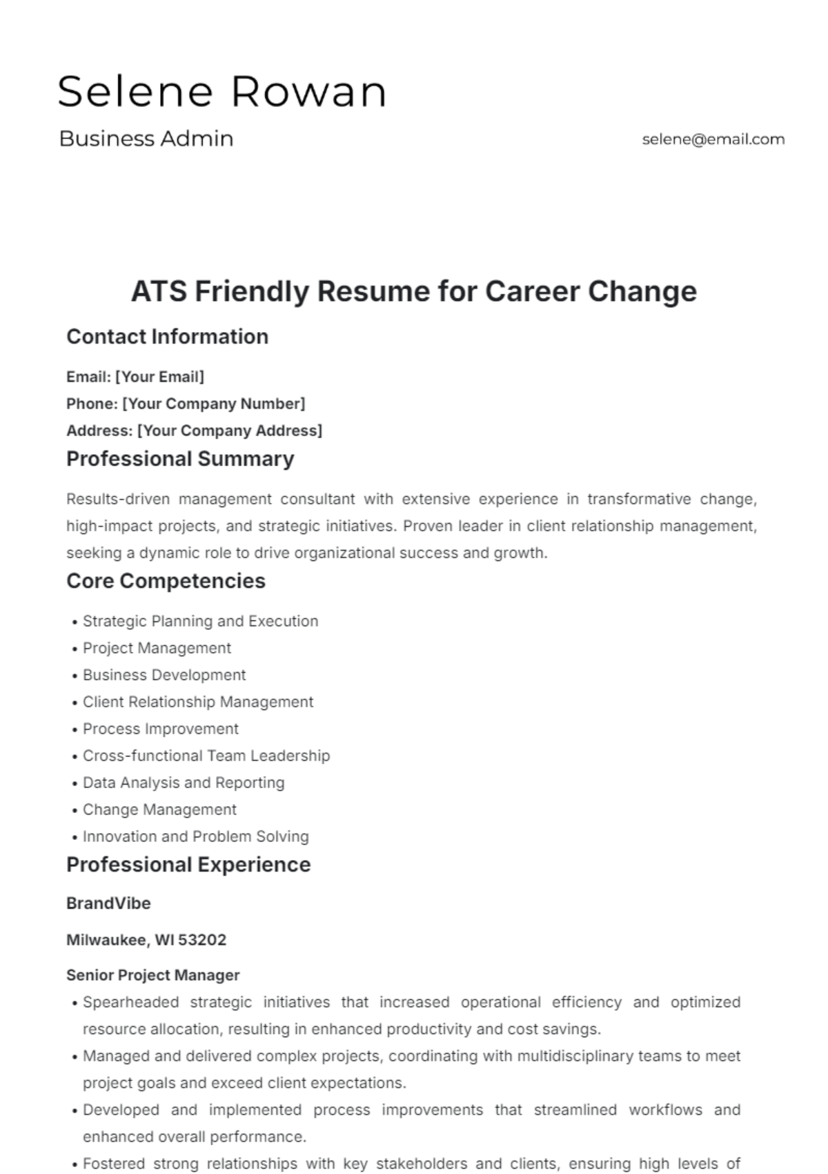 Free ATS Friendly Resume for Career Change Template to Edit Online Free ATS Friendly Resume for Career Change Template to Edit Online