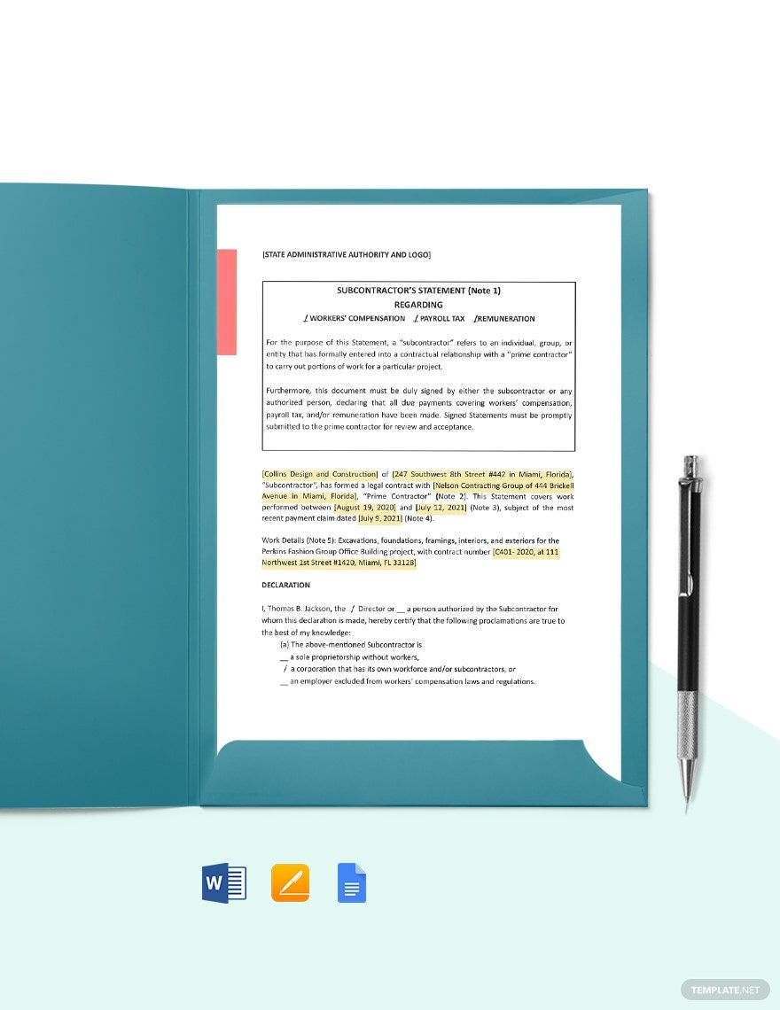Subcontractor Statement Template in Pages, Word, Google Docs - Download | Template.net