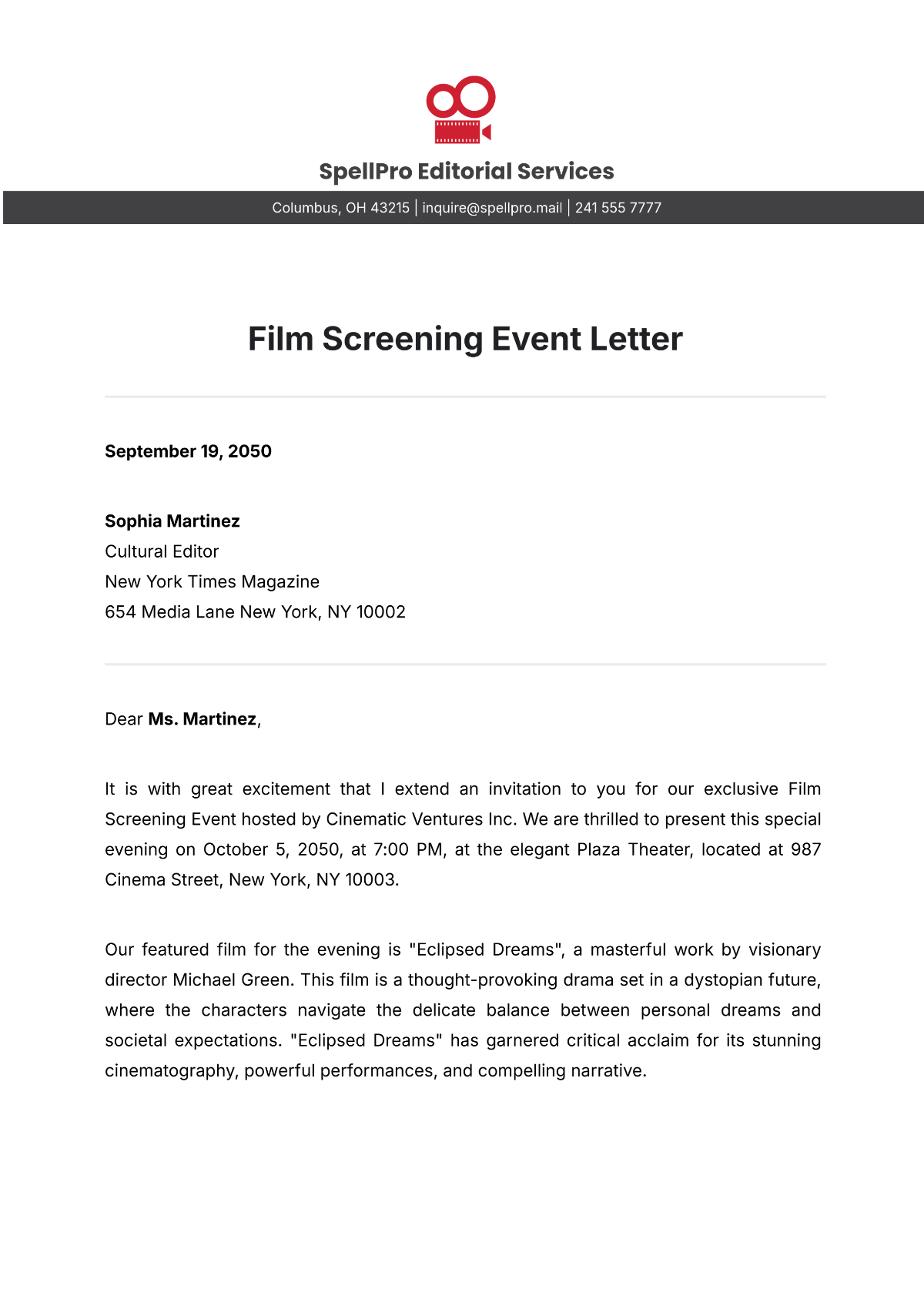 Free Film Screening Event Letter Template to Edit Online Free Film Screening Event Letter Template to Edit Online
