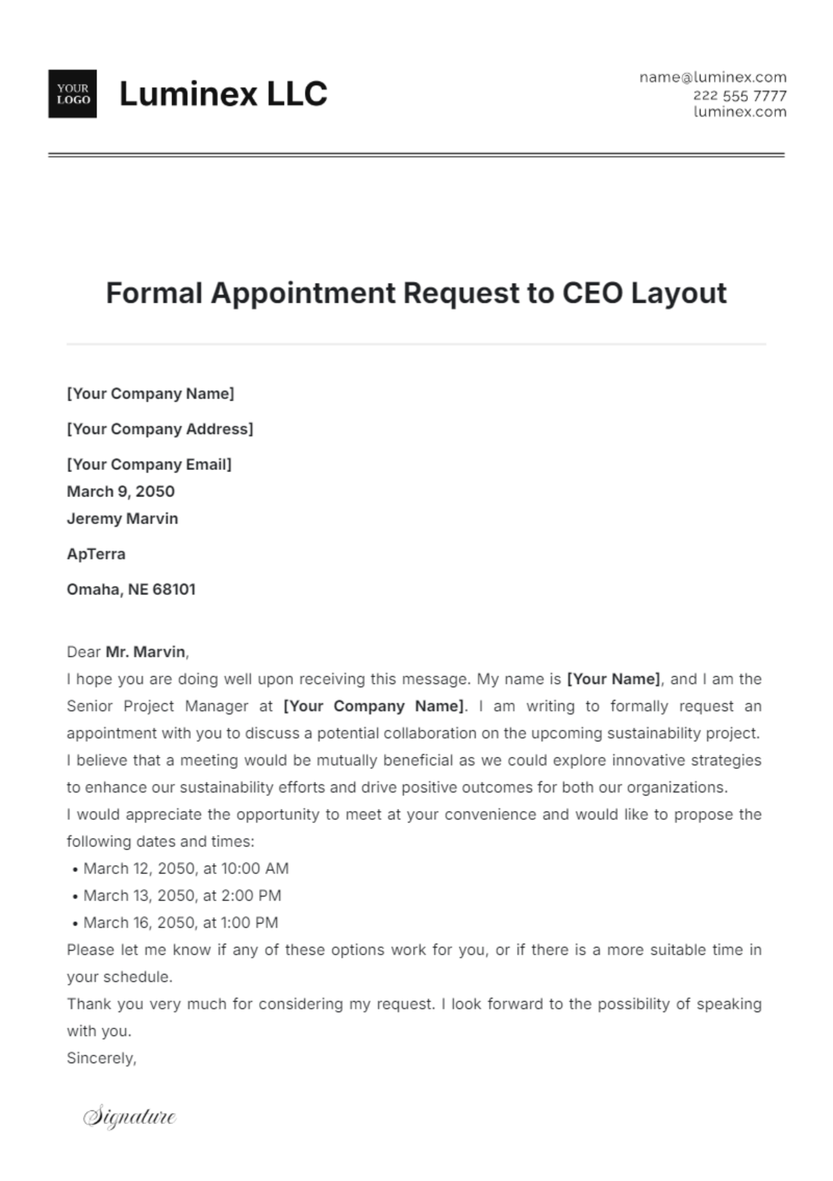 Free Formal Appointment Request to CEO Layout Template to Edit Online Free Formal Appointment Request to CEO Layout Template to Edit Online