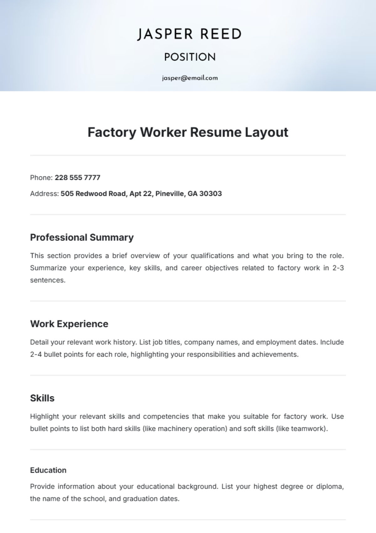 Free Factory Worker Resume Layout Template to Edit Online Free Factory Worker Resume Layout Template to Edit Online
