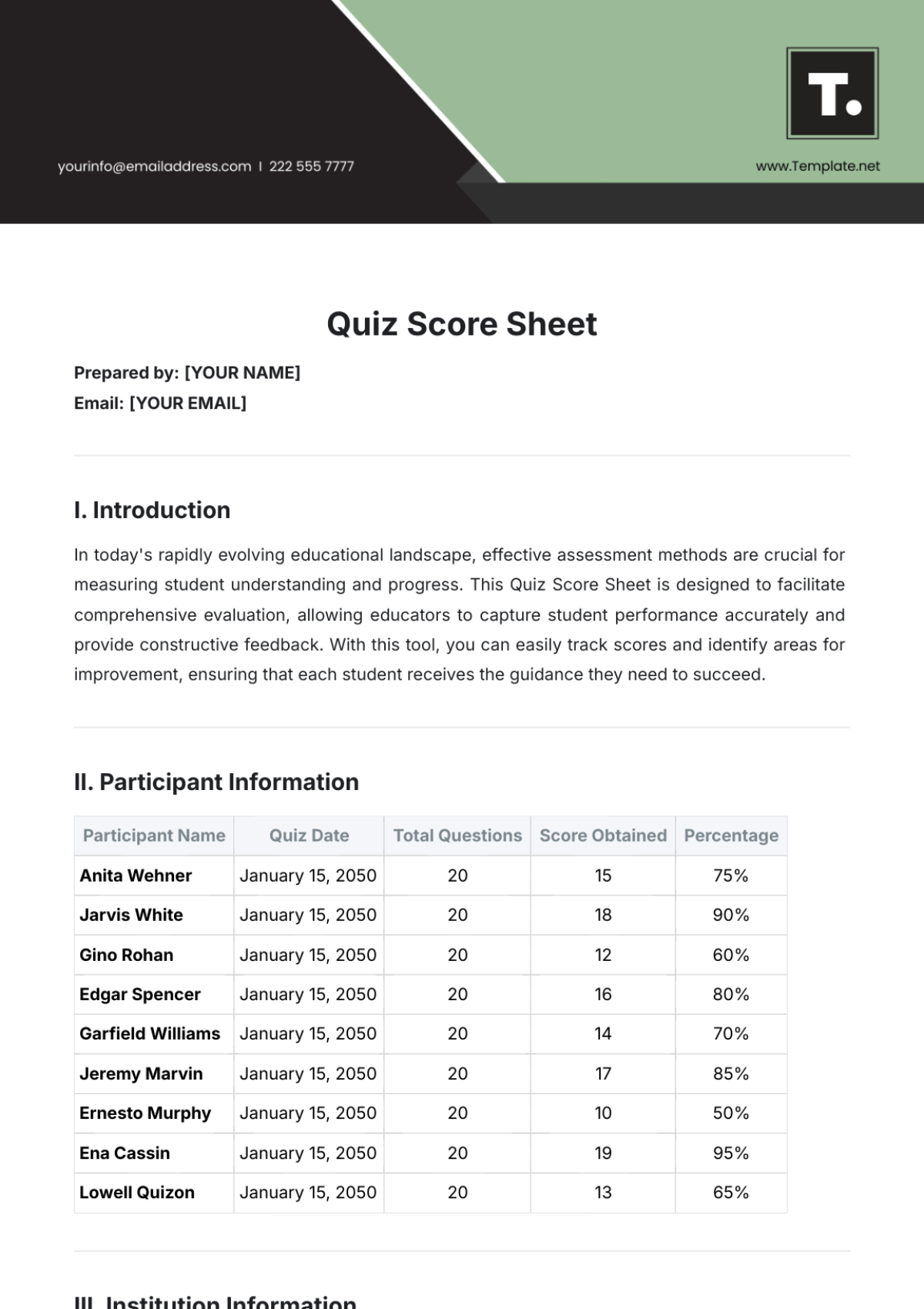 Free Quiz Score Sheet Template to Edit Online | Template.net Free Quiz Score Sheet Template to Edit Online | Template.net
