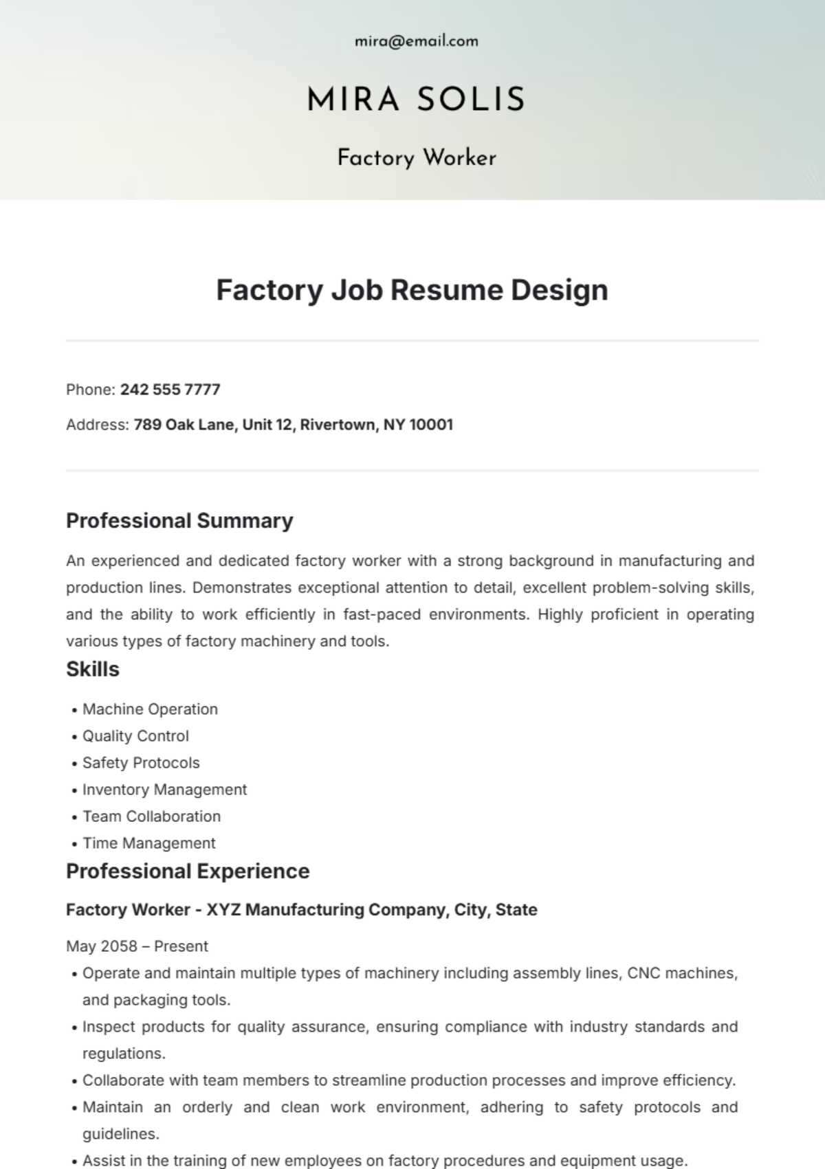 Free Factory Job Resume Design Template to Edit Online Free Factory Job Resume Design Template to Edit Online
