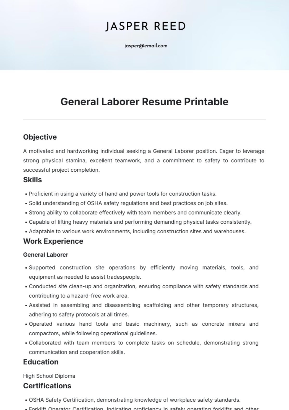 Free General Laborer Resume Printable Template to Edit Online Free General Laborer Resume Printable Template to Edit Online