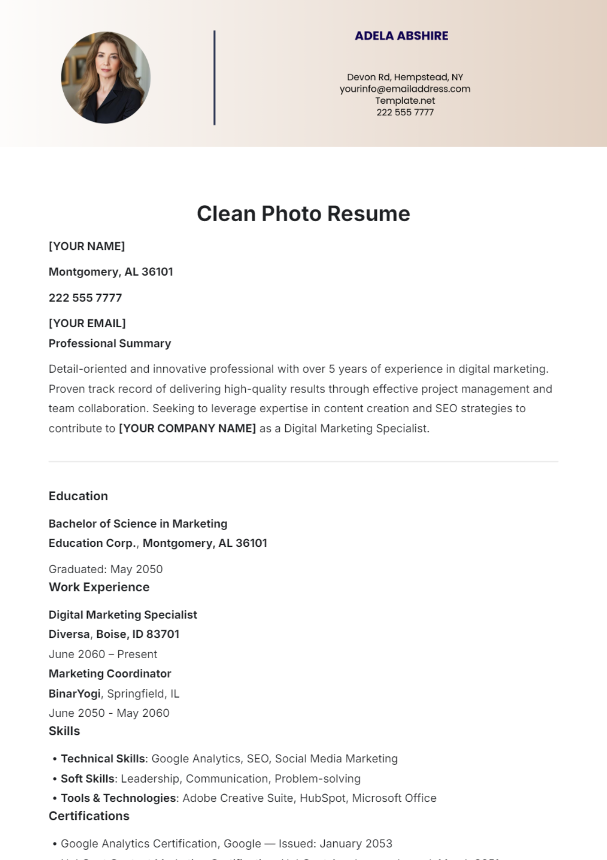 Free Clean Photo Resume Template to Edit Online Free Clean Photo Resume Template to Edit Online
