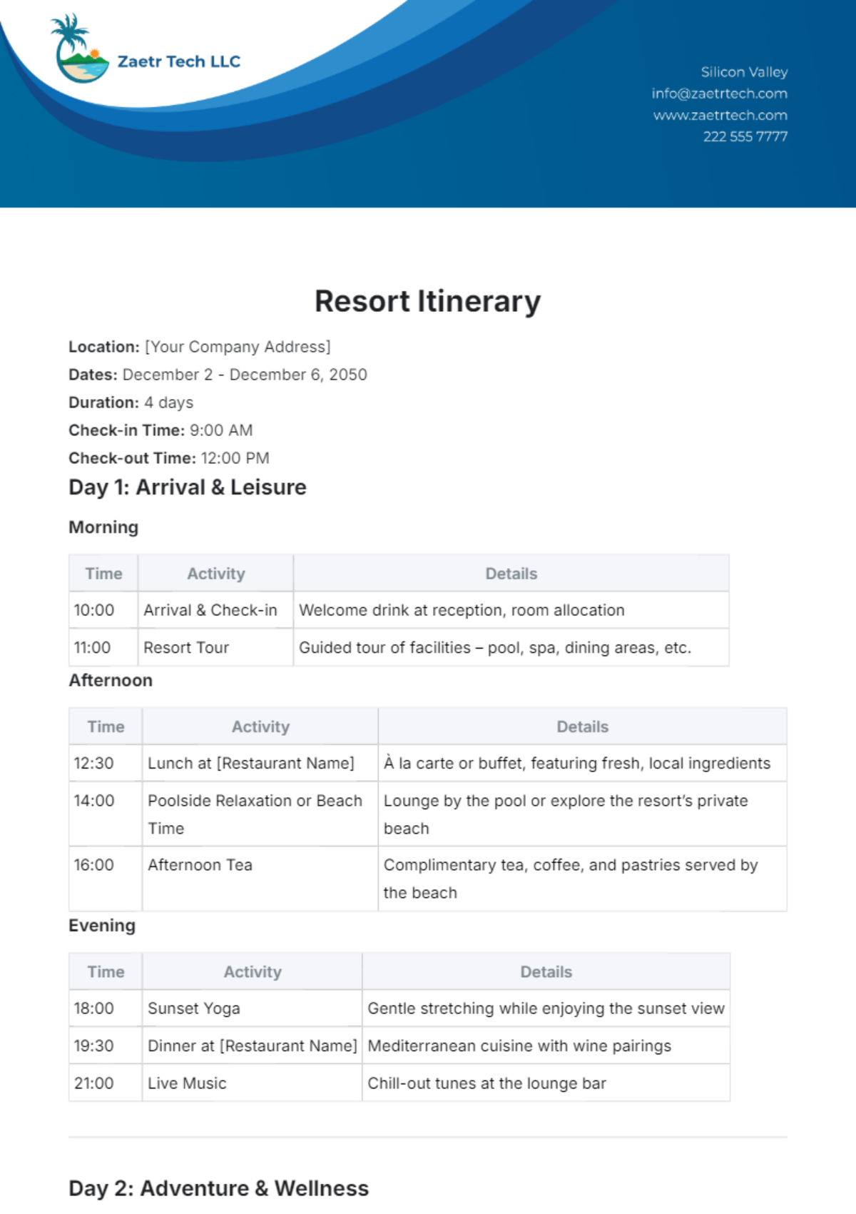Free Resort Itinerary Template to Edit Online Free Resort Itinerary Template to Edit Online