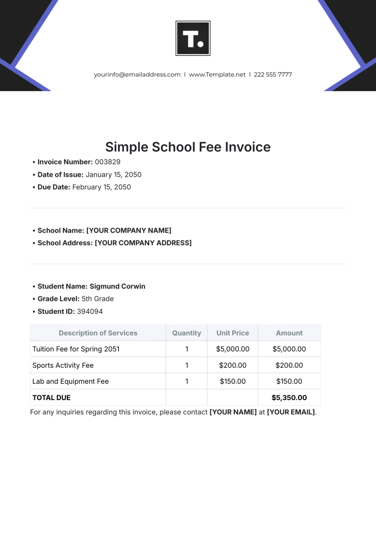 Free Simple School Fee Invoice Template to Edit Online Free Simple School Fee Invoice Template to Edit Online