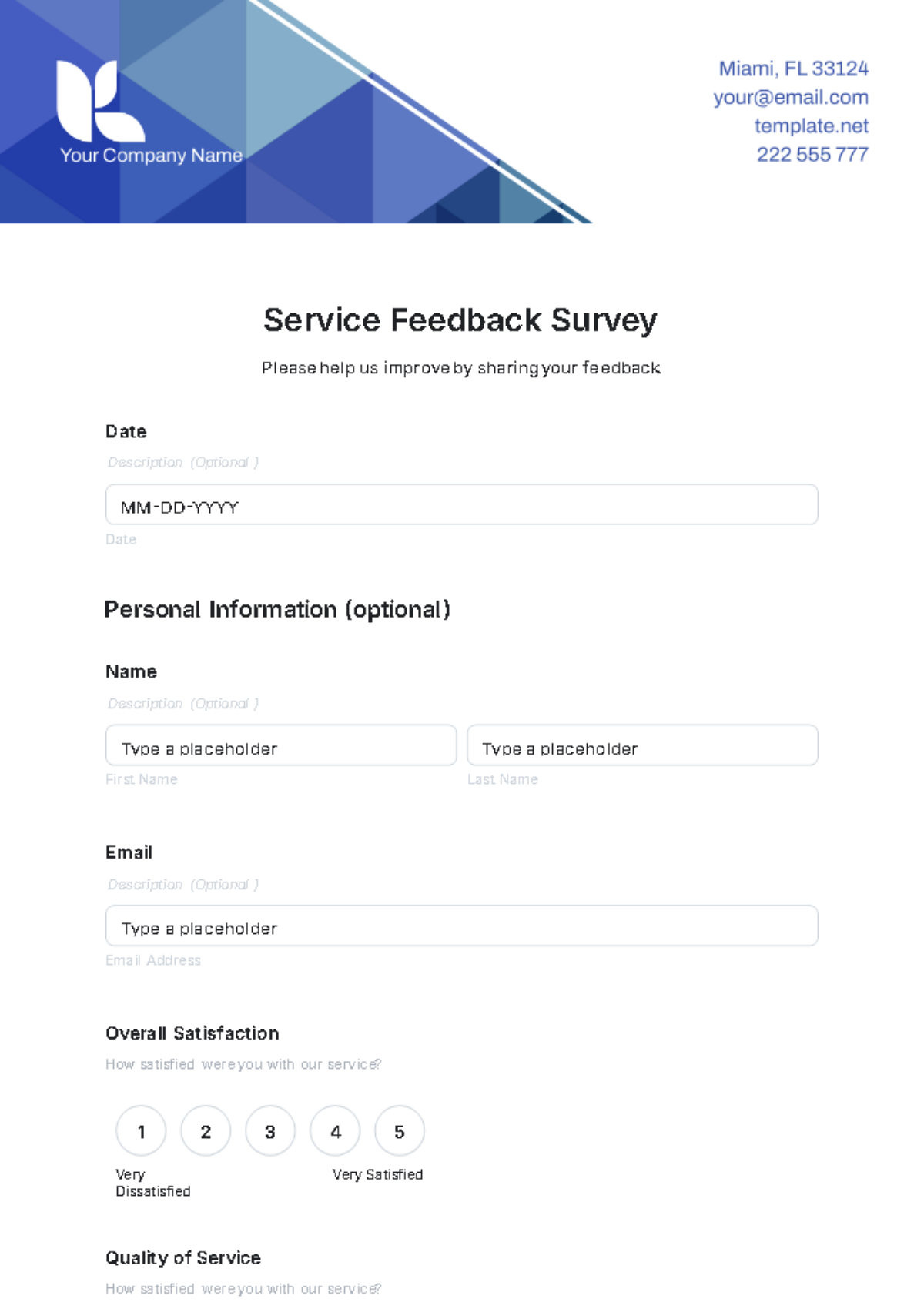 Free Service Feedback Survey Template to Edit Online Free Service Feedback Survey Template to Edit Online