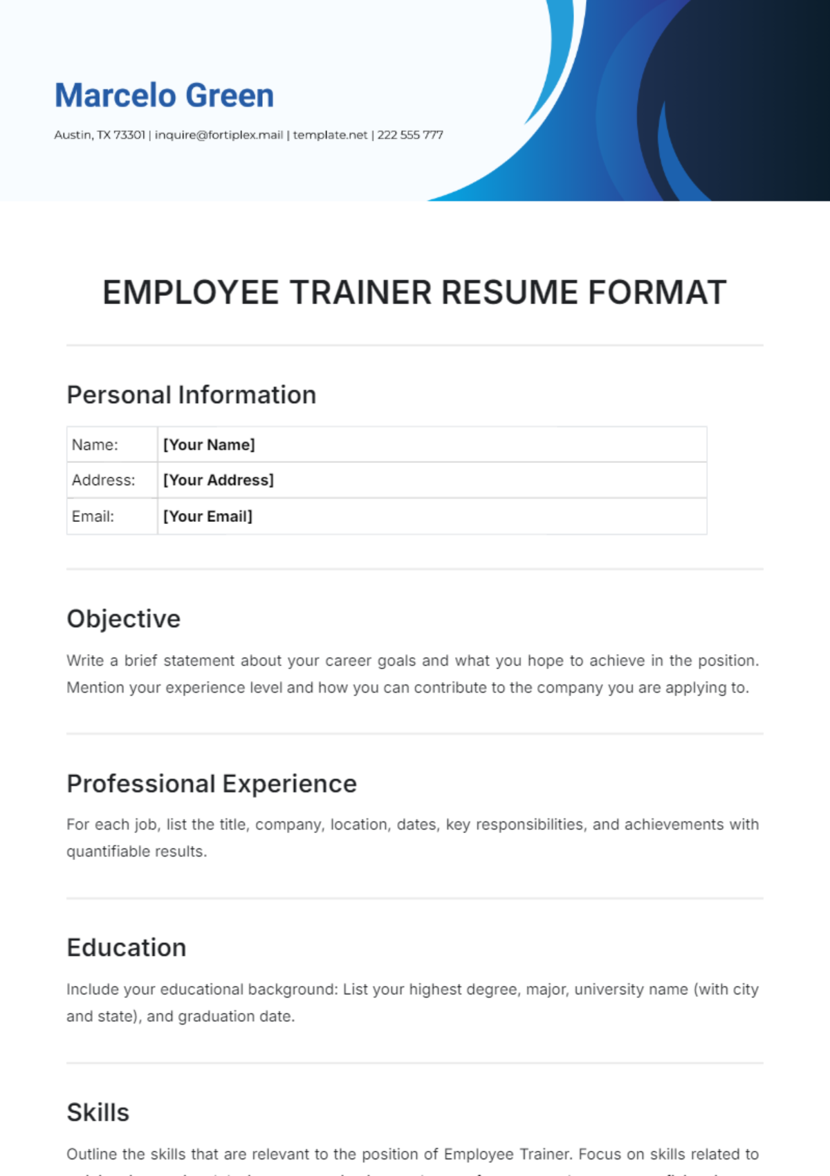 Free Employee Trainer Resume Format Template to Edit Online Free Employee Trainer Resume Format Template to Edit Online
