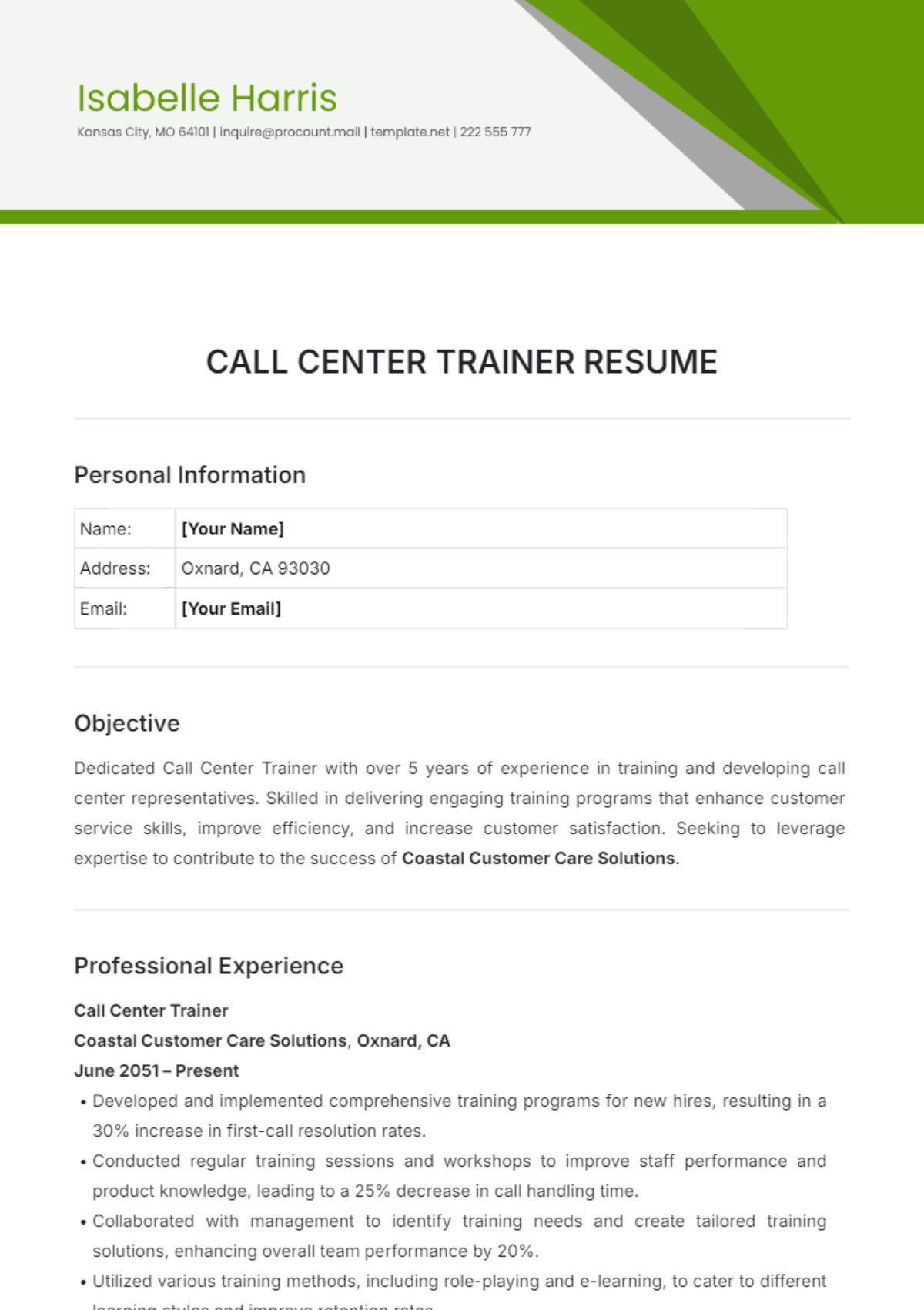 Free Call Center Trainer Resume Template to Edit Online Free Call Center Trainer Resume Template to Edit Online
