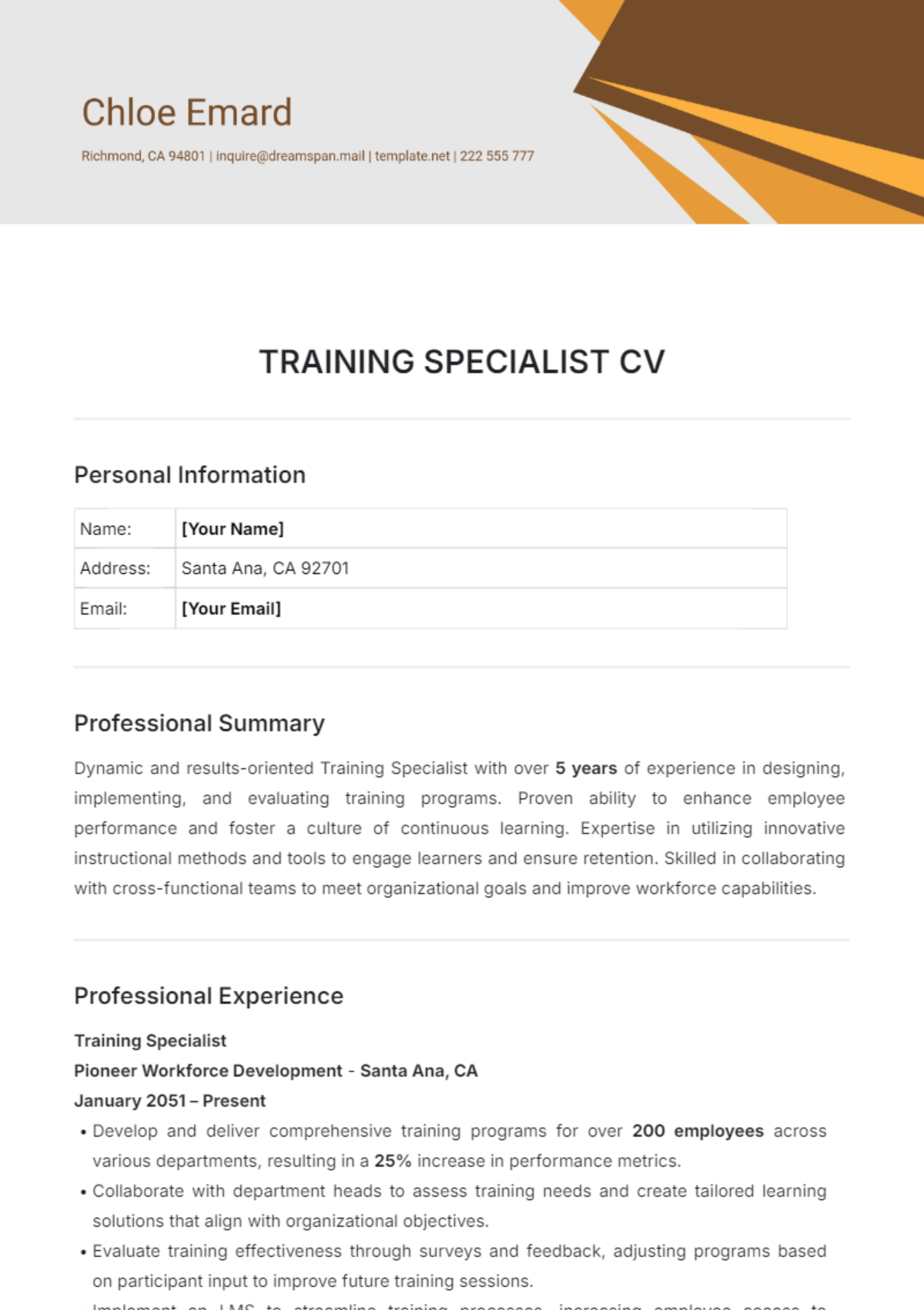 Free Training Specialist CV Template to Edit Online Free Training Specialist CV Template to Edit Online