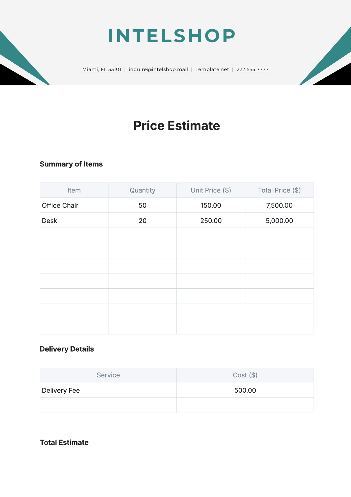 Free Price Estimate Template to Edit Online Free Price Estimate Template to Edit Online