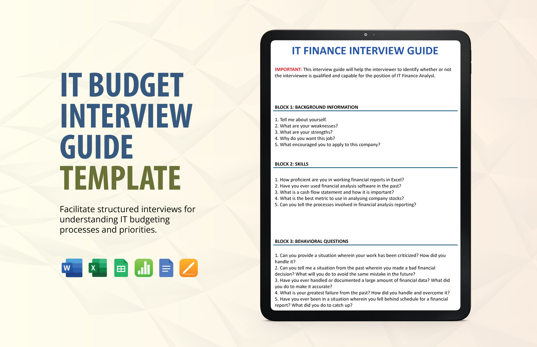 IT Budget Interview Guide Template in Google Docs, Word, Apple Pages, Apple Numbers, Excel, Google Sheets - Download | Template.net IT Budget Interview Guide Template in Google Docs, Word, Apple Pages, Apple Numbers, Excel, Google Sheets - Download | Template.net