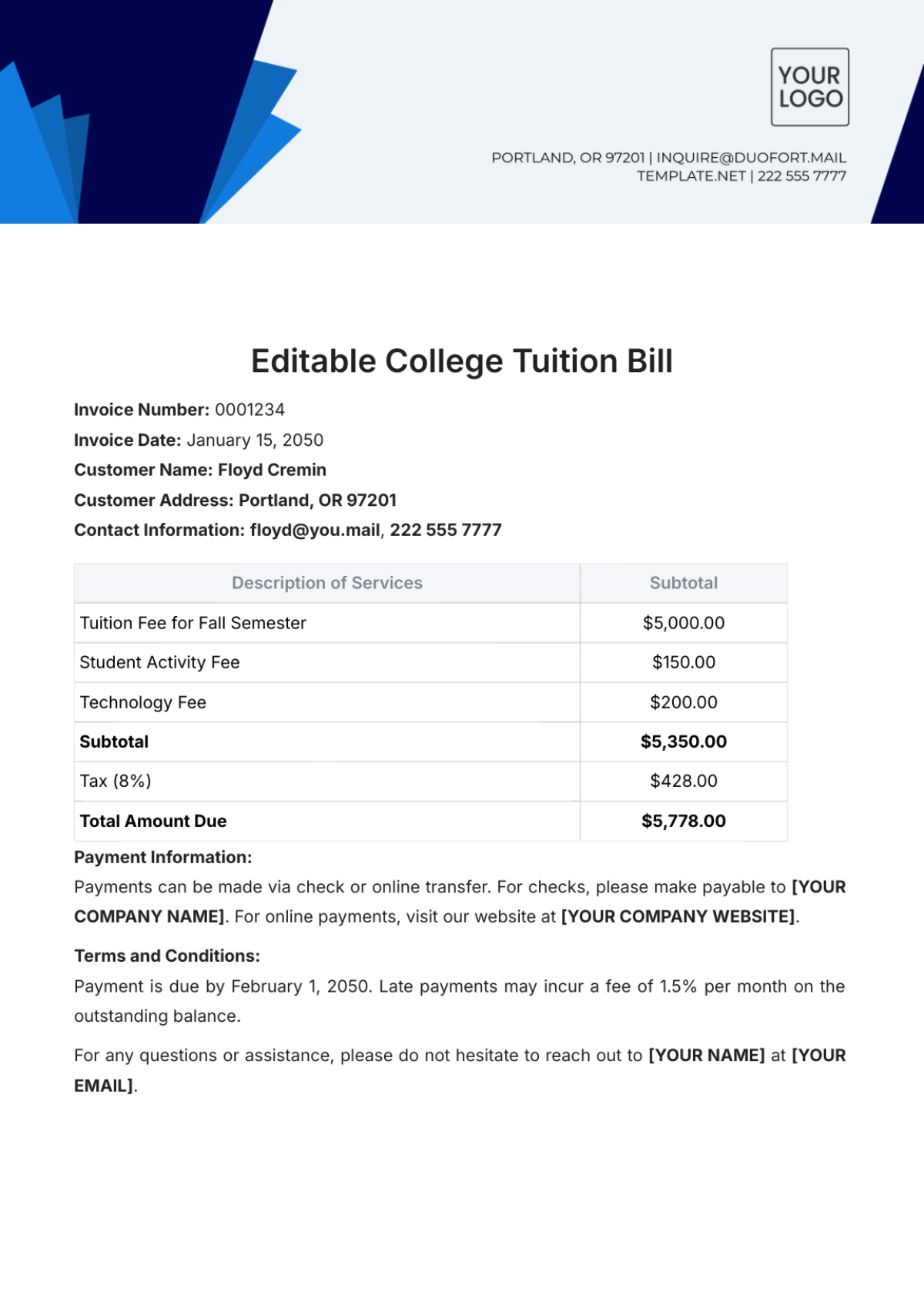 Free Editable College Tuition Bill Template to Edit Online Free Editable College Tuition Bill Template to Edit Online