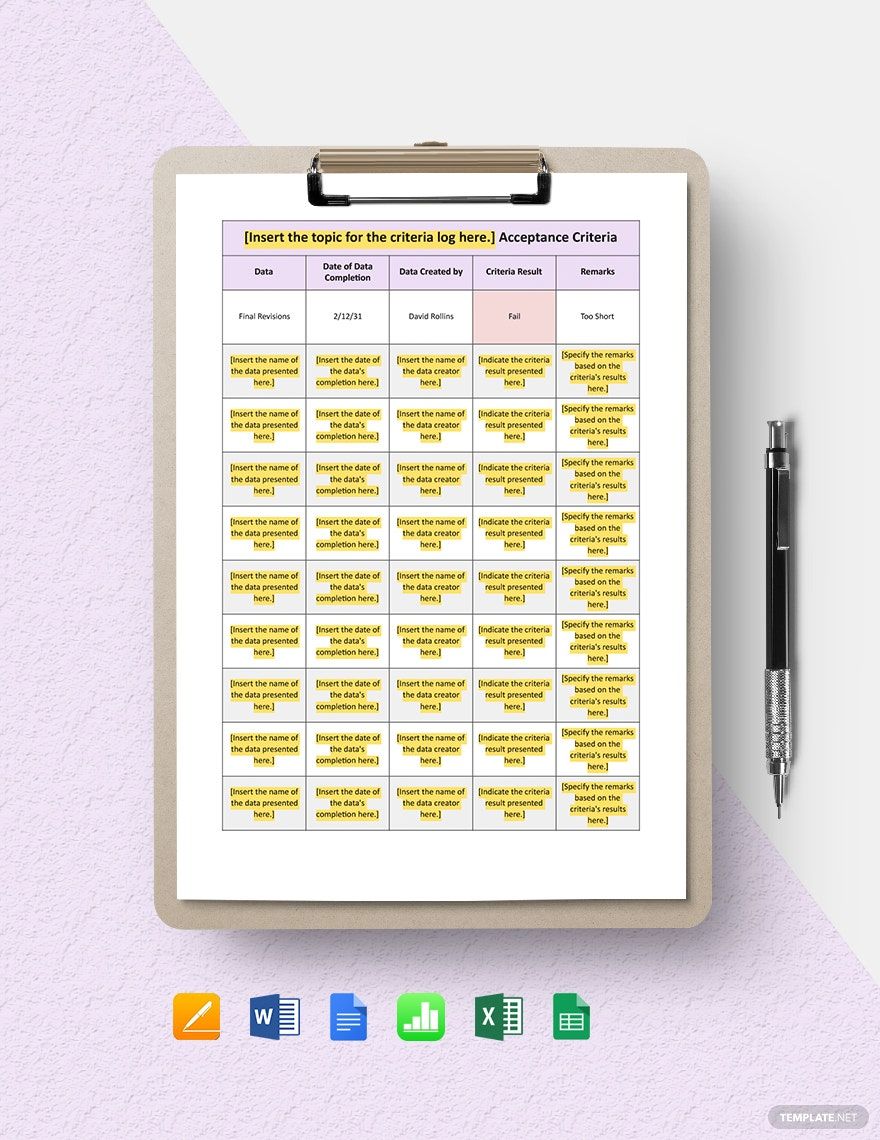 Acceptance Criteria Log Template in Apple Numbers, Excel, Word, Pages, Google Docs, Google Sheets - Download | Template.net Acceptance Criteria Log Template in Apple Numbers, Excel, Word, Pages, Google Docs, Google Sheets - Download | Template.net
