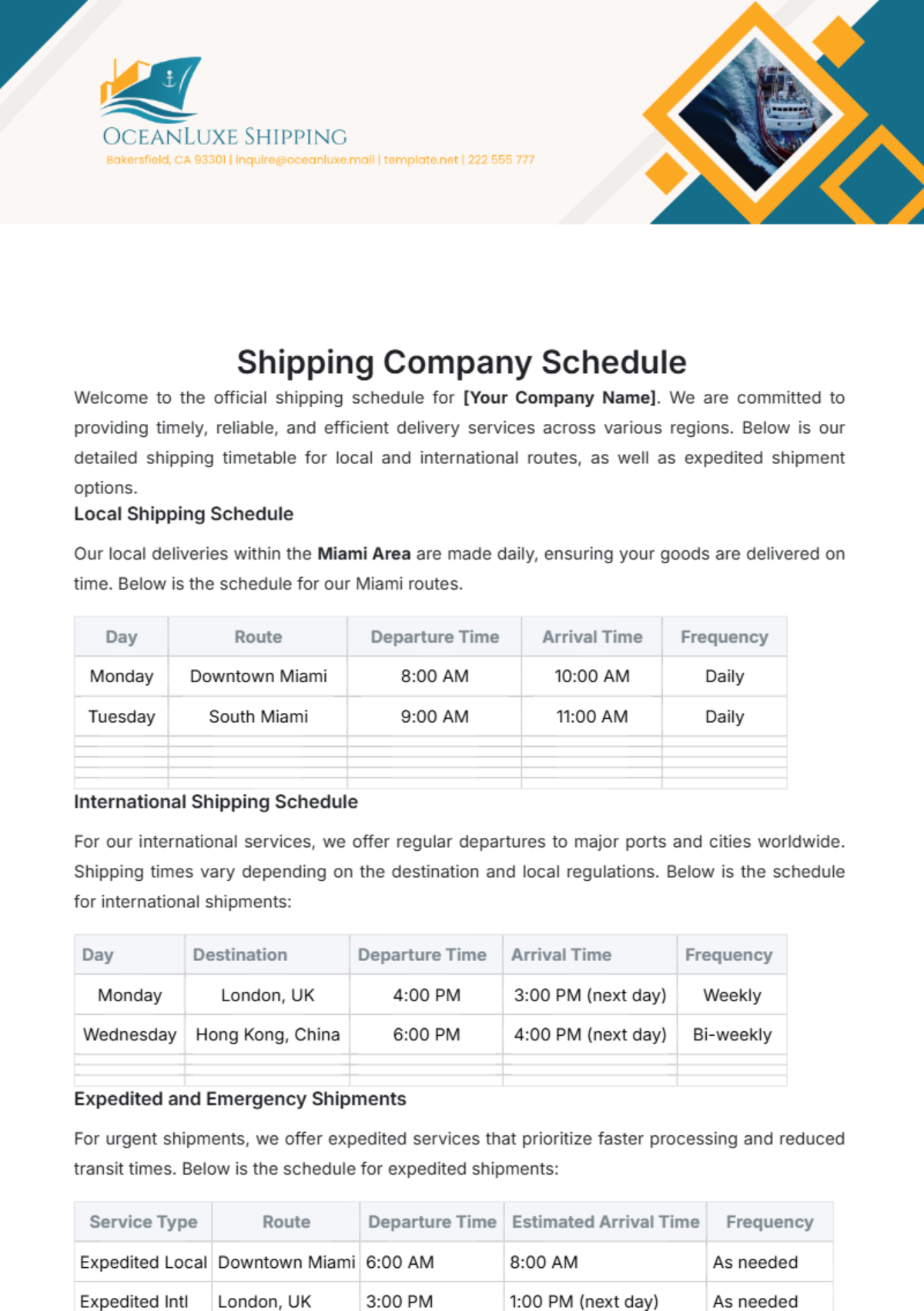 Shipping Company Schedule Template